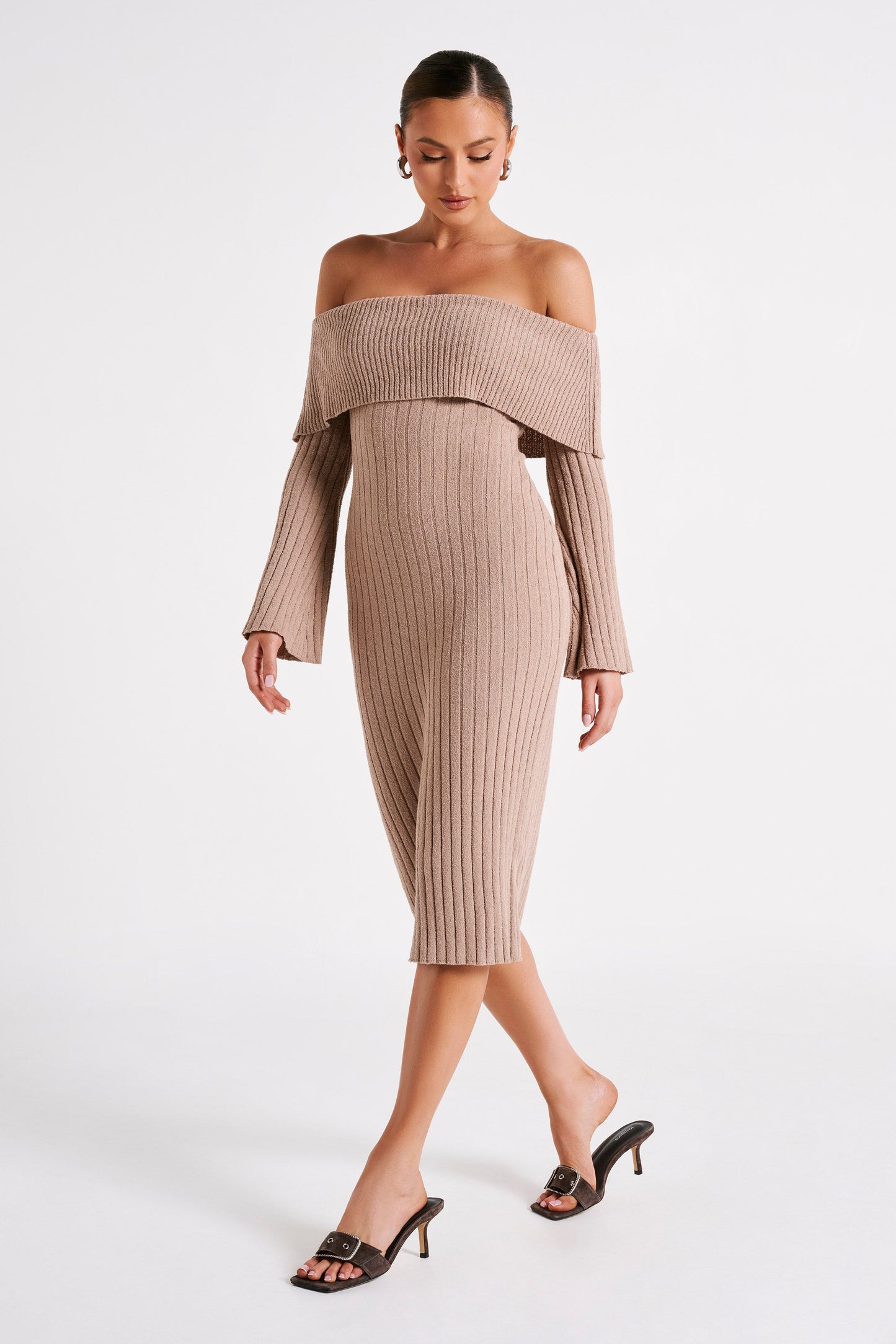Stefania Off Shoulder Knit Dress - Taupe