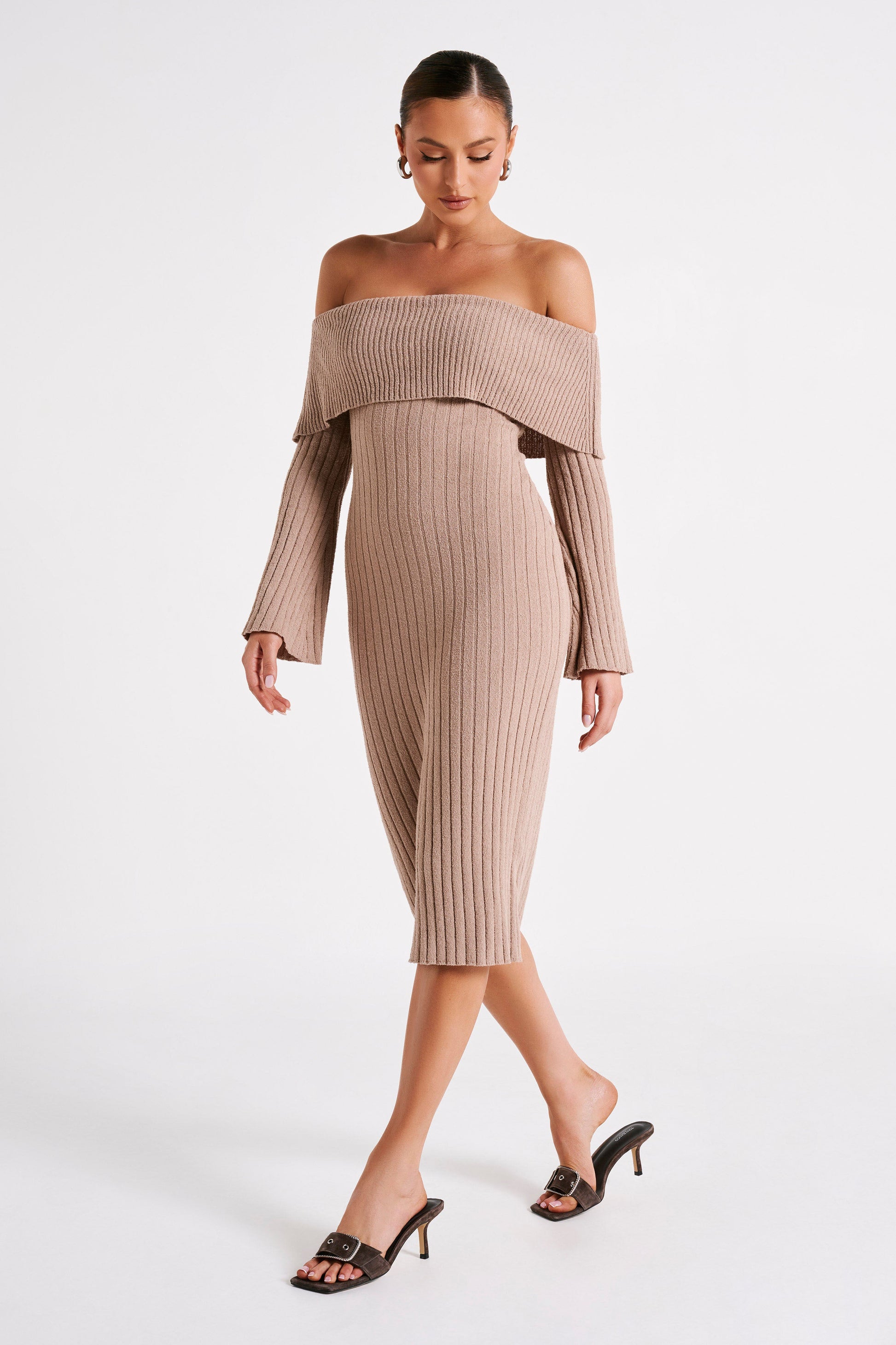 Stefania Off Shoulder Knit Dress - Taupe #9