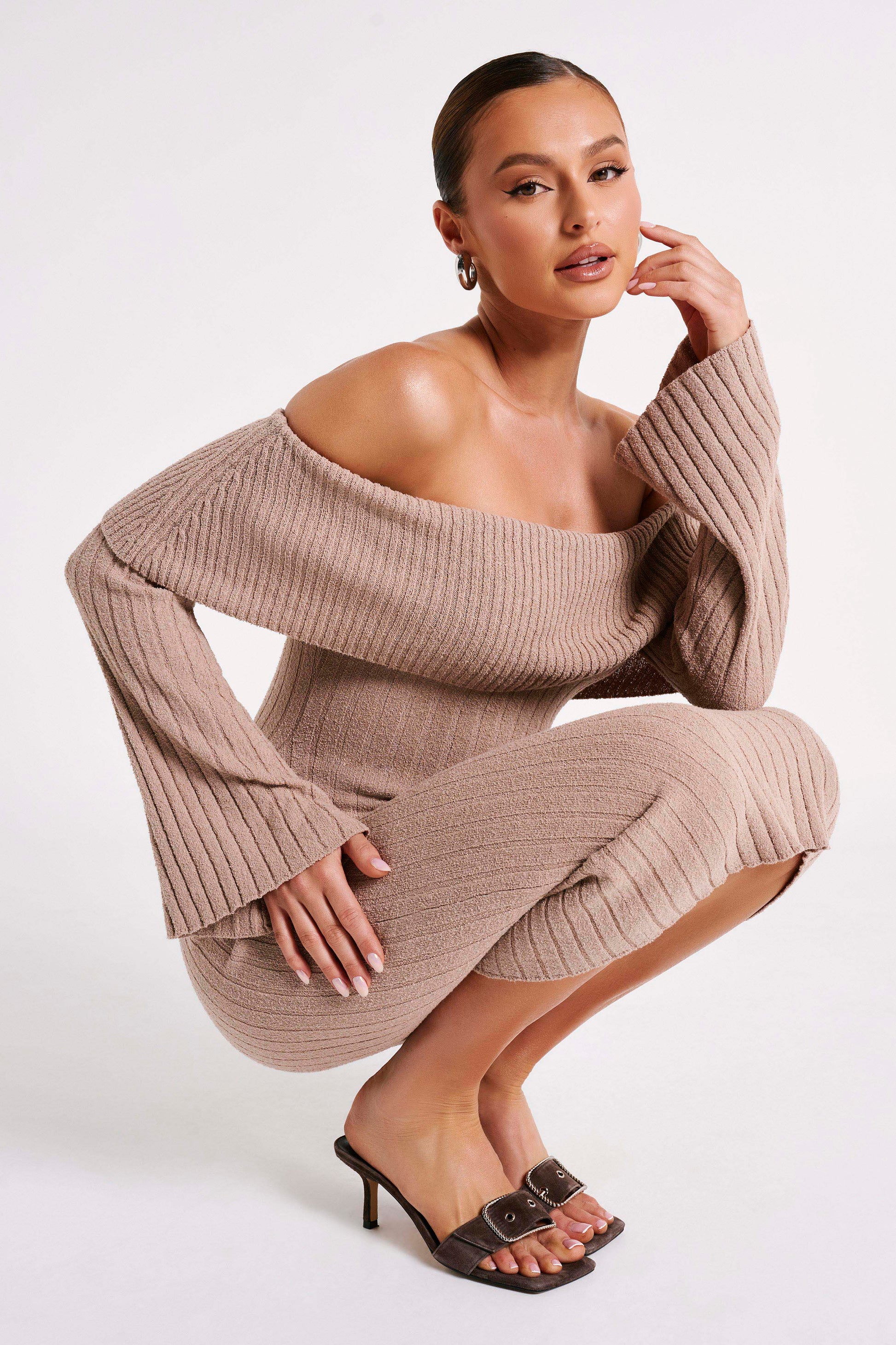 Stefania Off Shoulder Knit Dress - Taupe #10