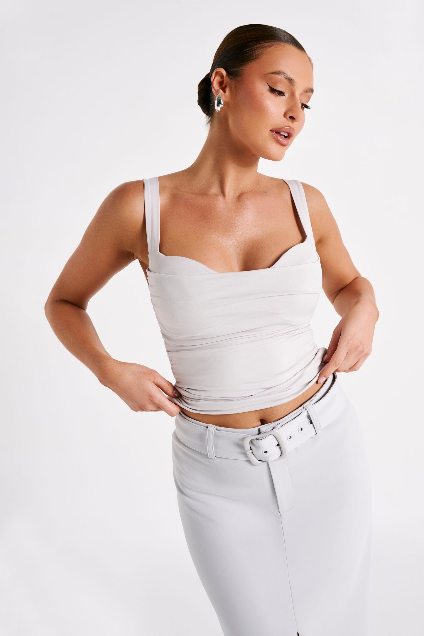 Hailey Slinky Long Line Sweetheart Top - Ice Grey