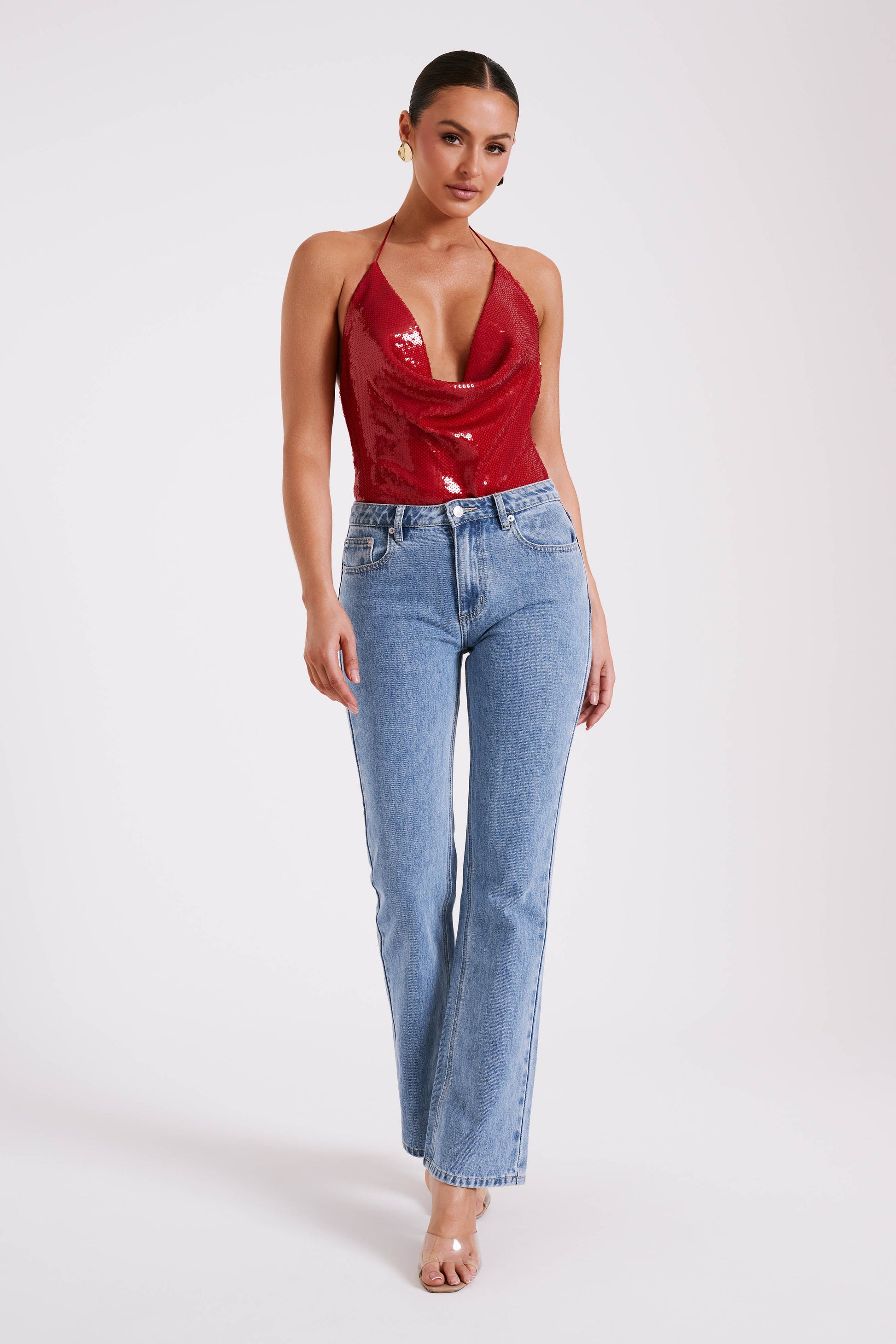 Nathalie Sequin Cowl Bodysuit - Red #8