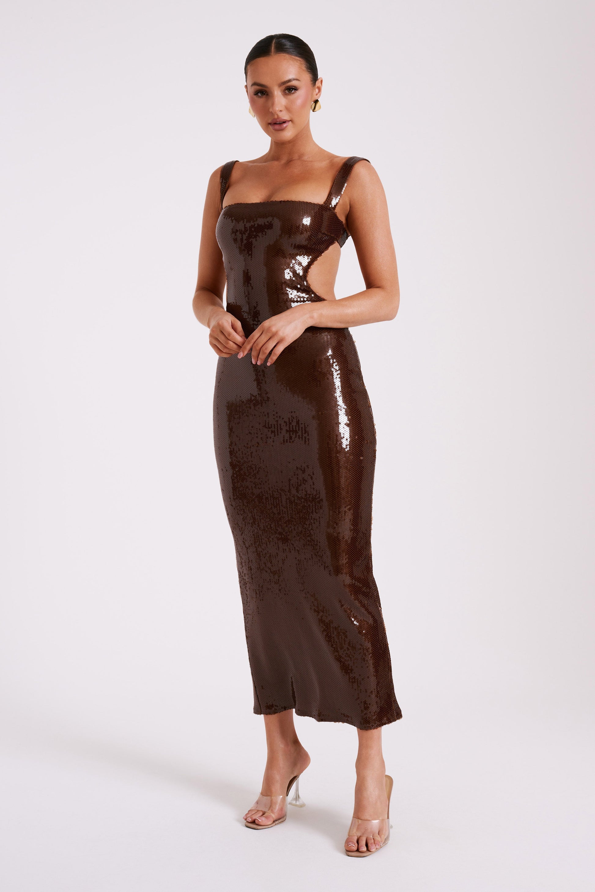 Adoria Sequin Cut Out Maxi Dress - Chocolate #11