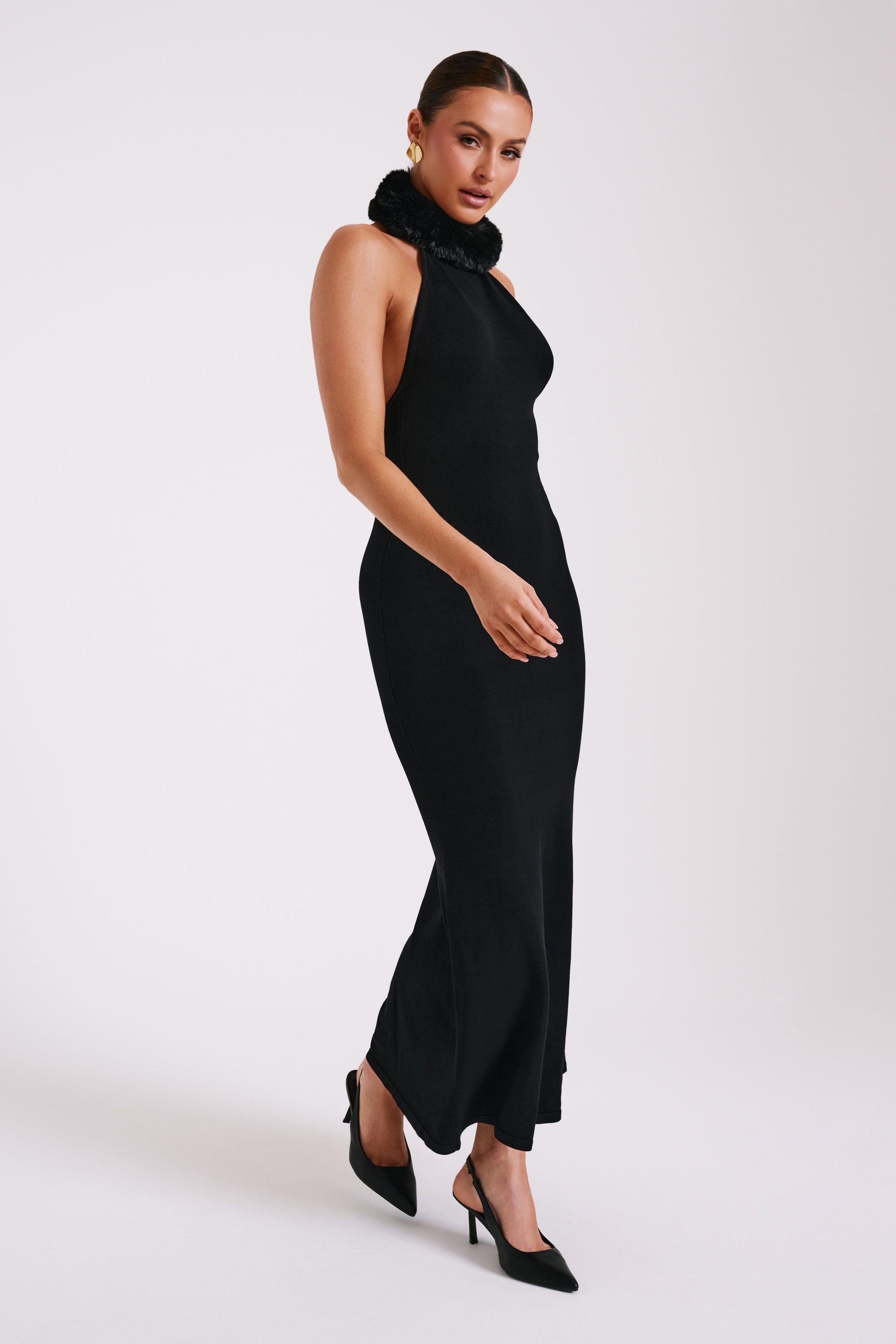 Elva Halter Knit Maxi Dress With Faux Fur - Black #8