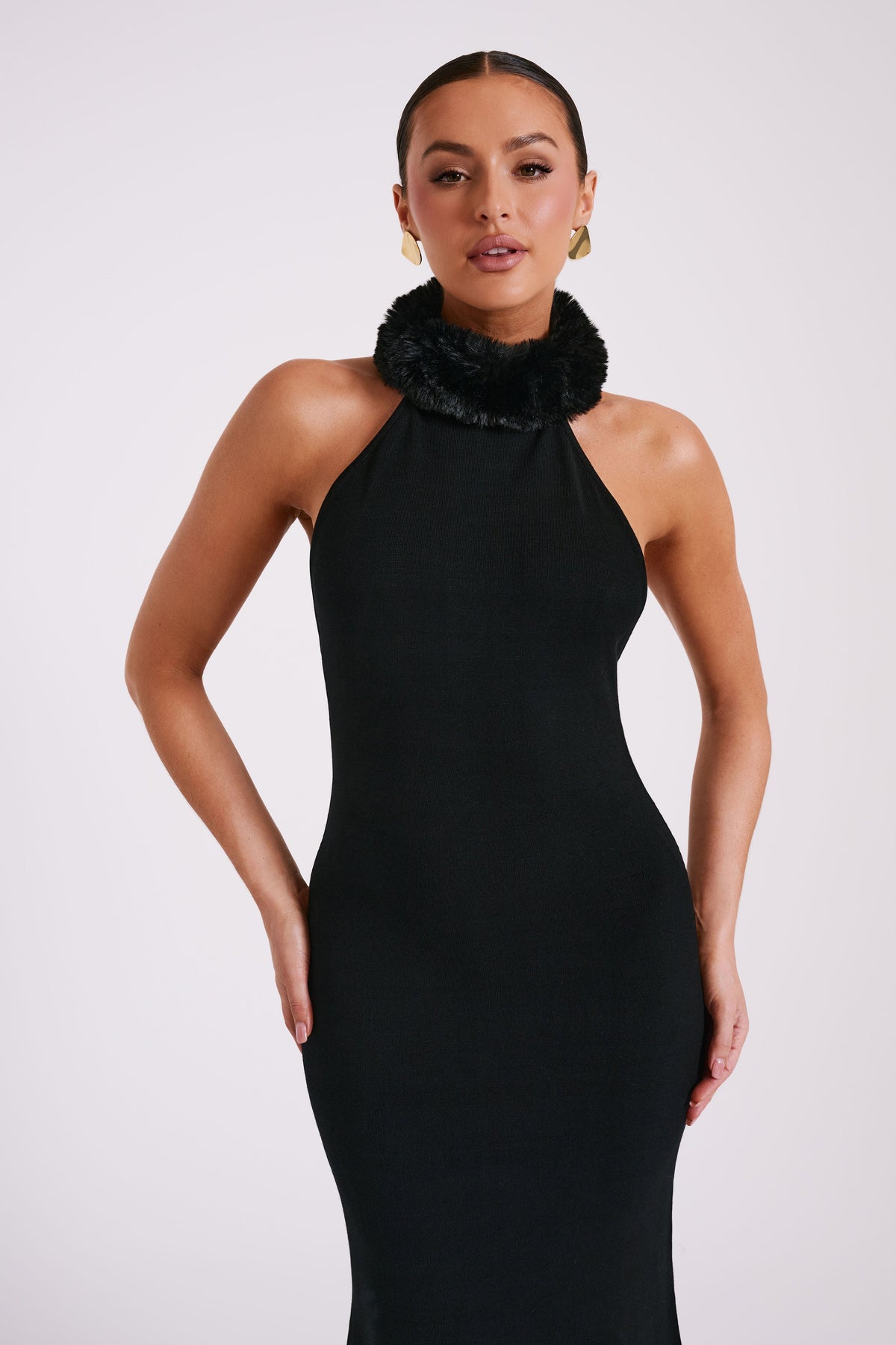 Elva Halter Knit Maxi Dress With Faux Fur - Black #9