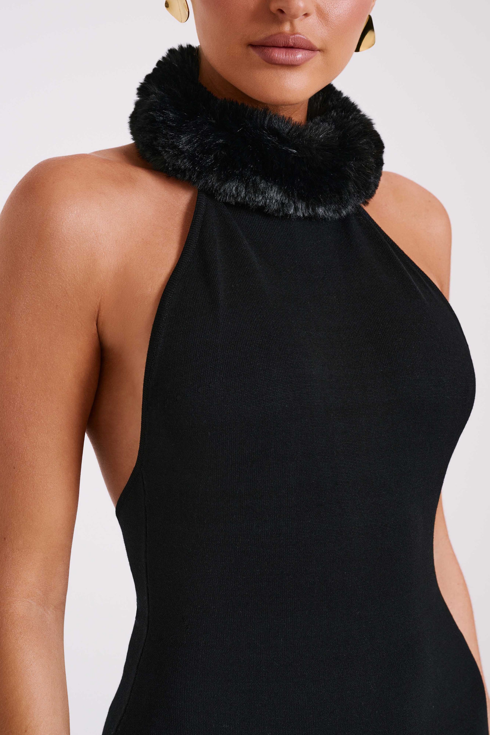 Elva Halter Knit Maxi Dress With Faux Fur - Black #5