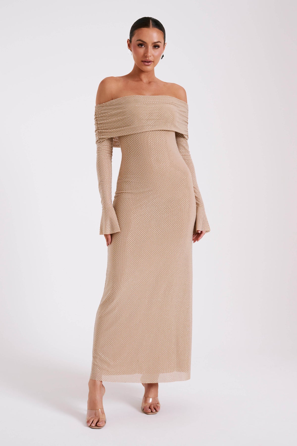 Marcel Off Shoulder Diamante Maxi Dress - Nude #5