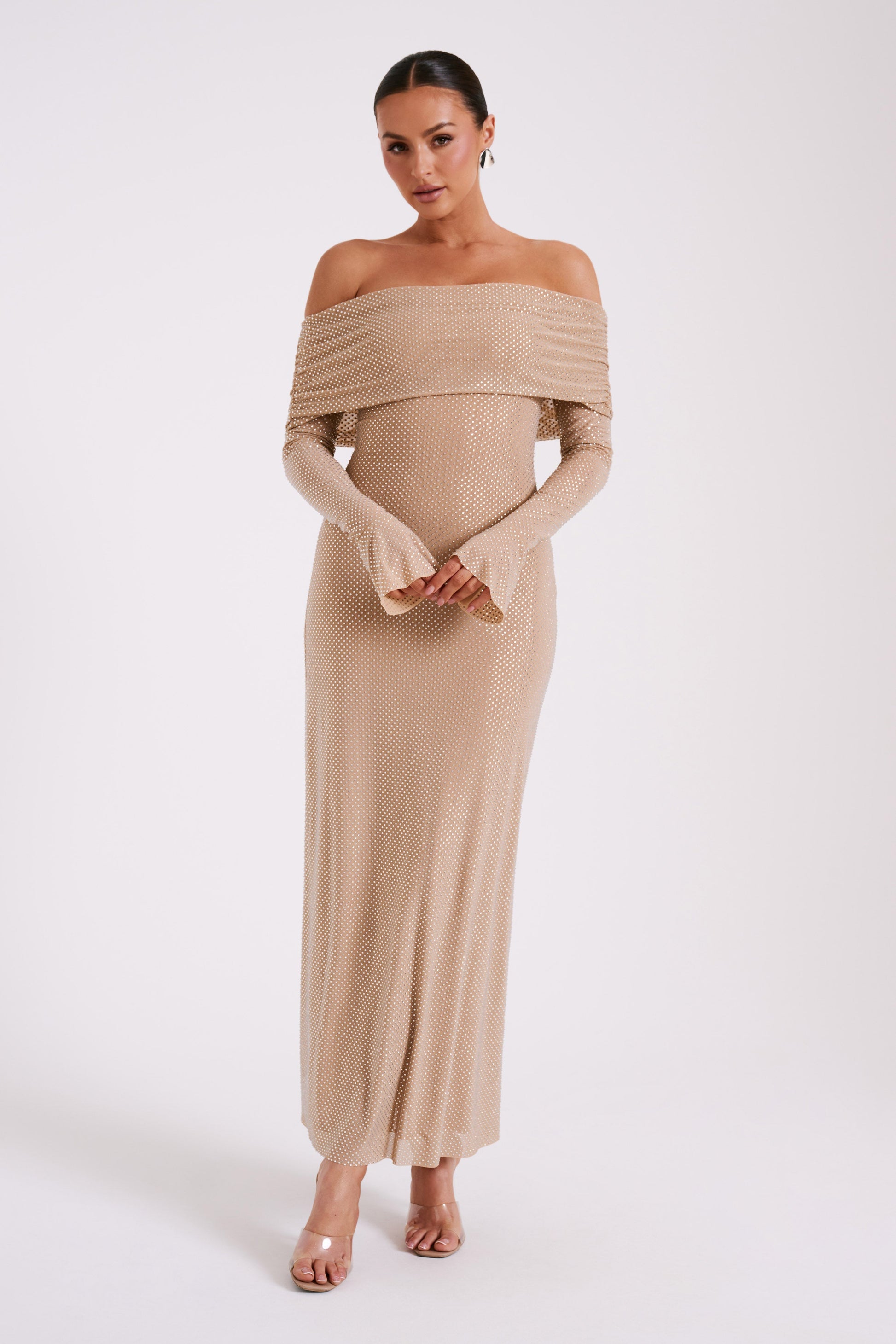 Marcel Off Shoulder Diamante Maxi Dress - Nude #8