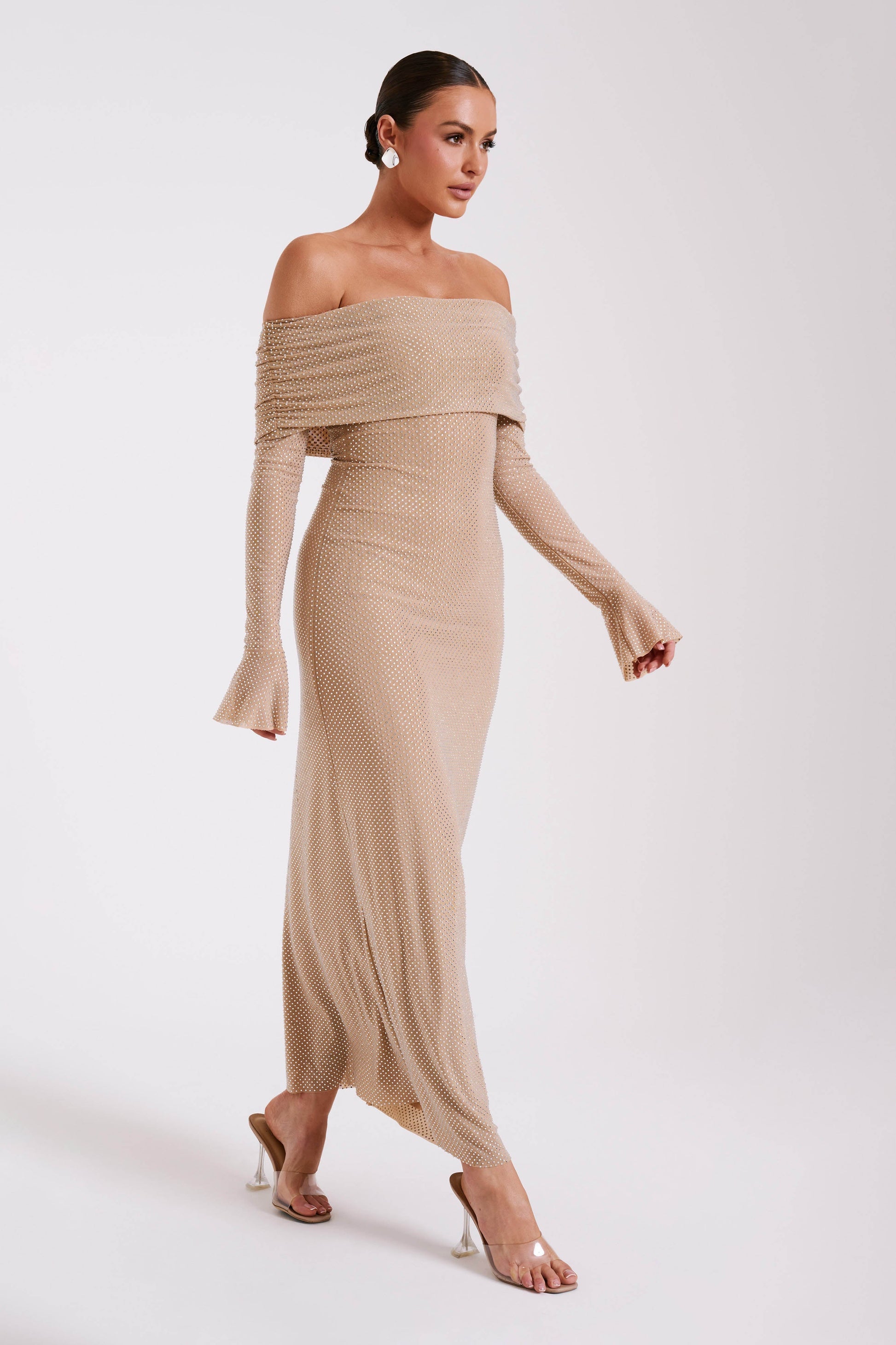 Marcel Off Shoulder Diamante Maxi Dress - Nude #7