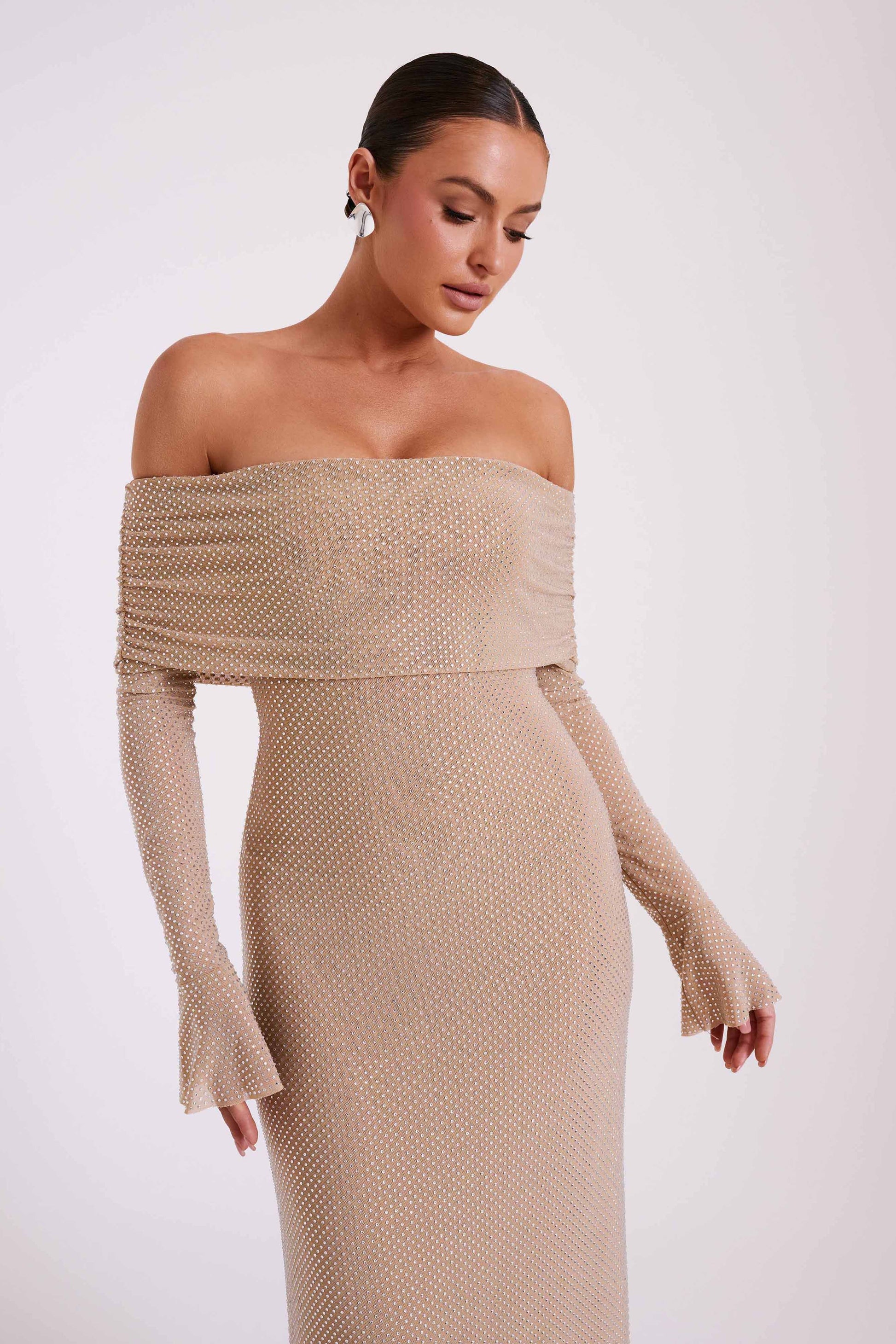 Marcel Off Shoulder Diamante Maxi Dress - Nude #9