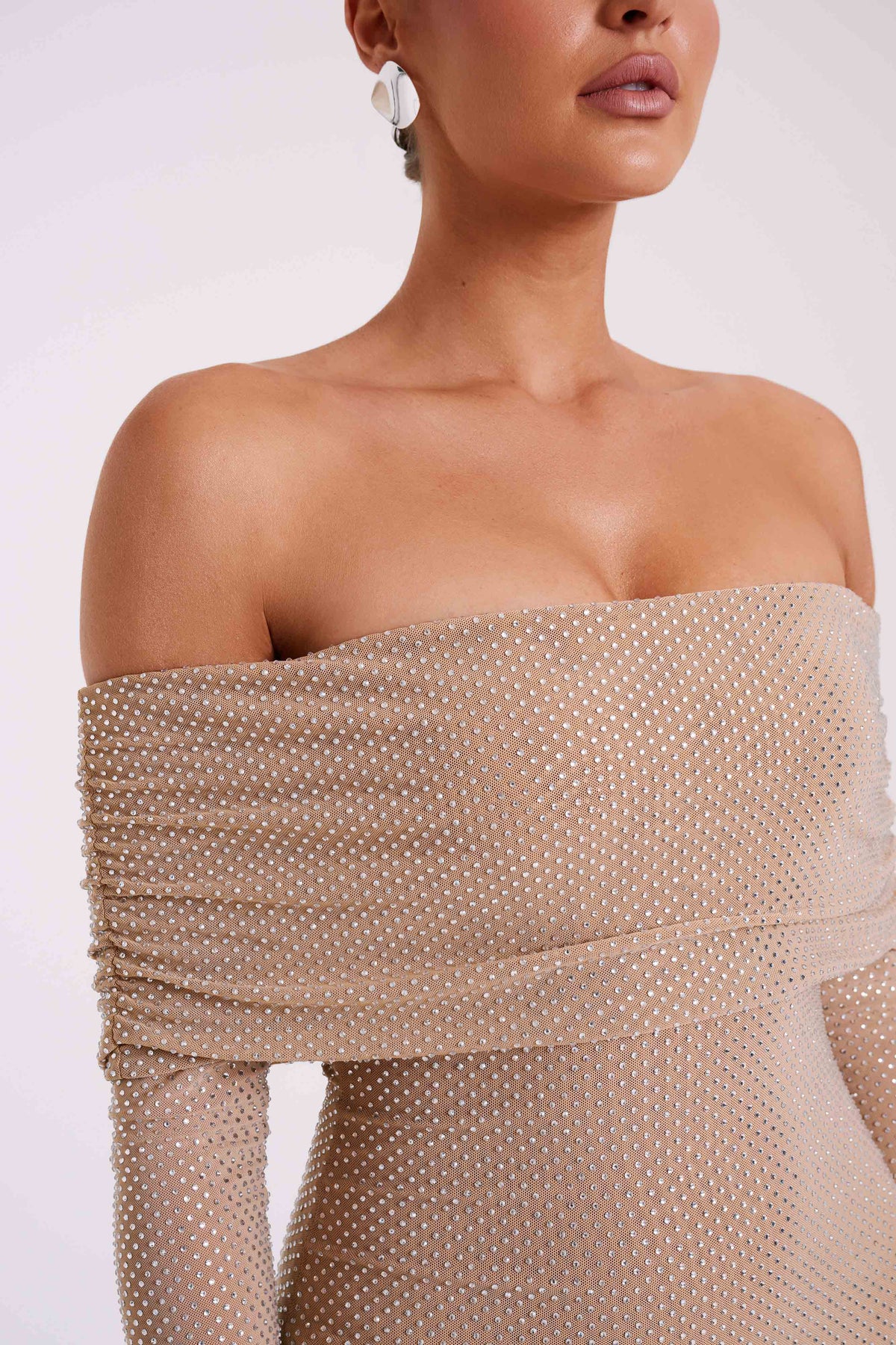 Marcel Off Shoulder Diamante Maxi Dress - Nude #10