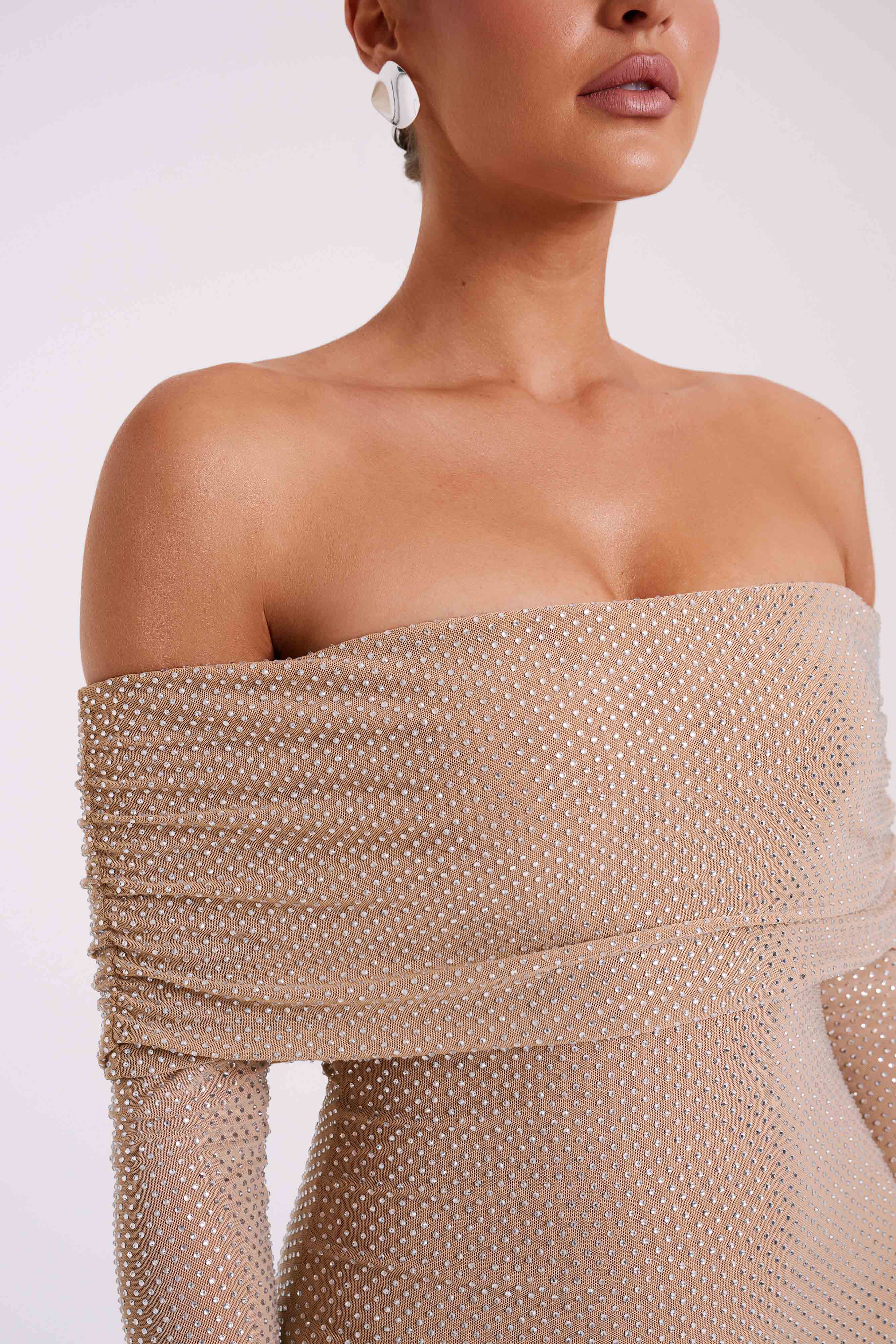 Marcel Off Shoulder Diamante Maxi Dress - Nude | MESHKI UK
