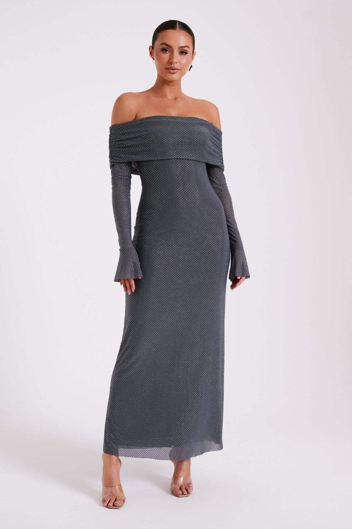 Marcel Off Shoulder Diamante Maxi Dress - Gunmetal #5