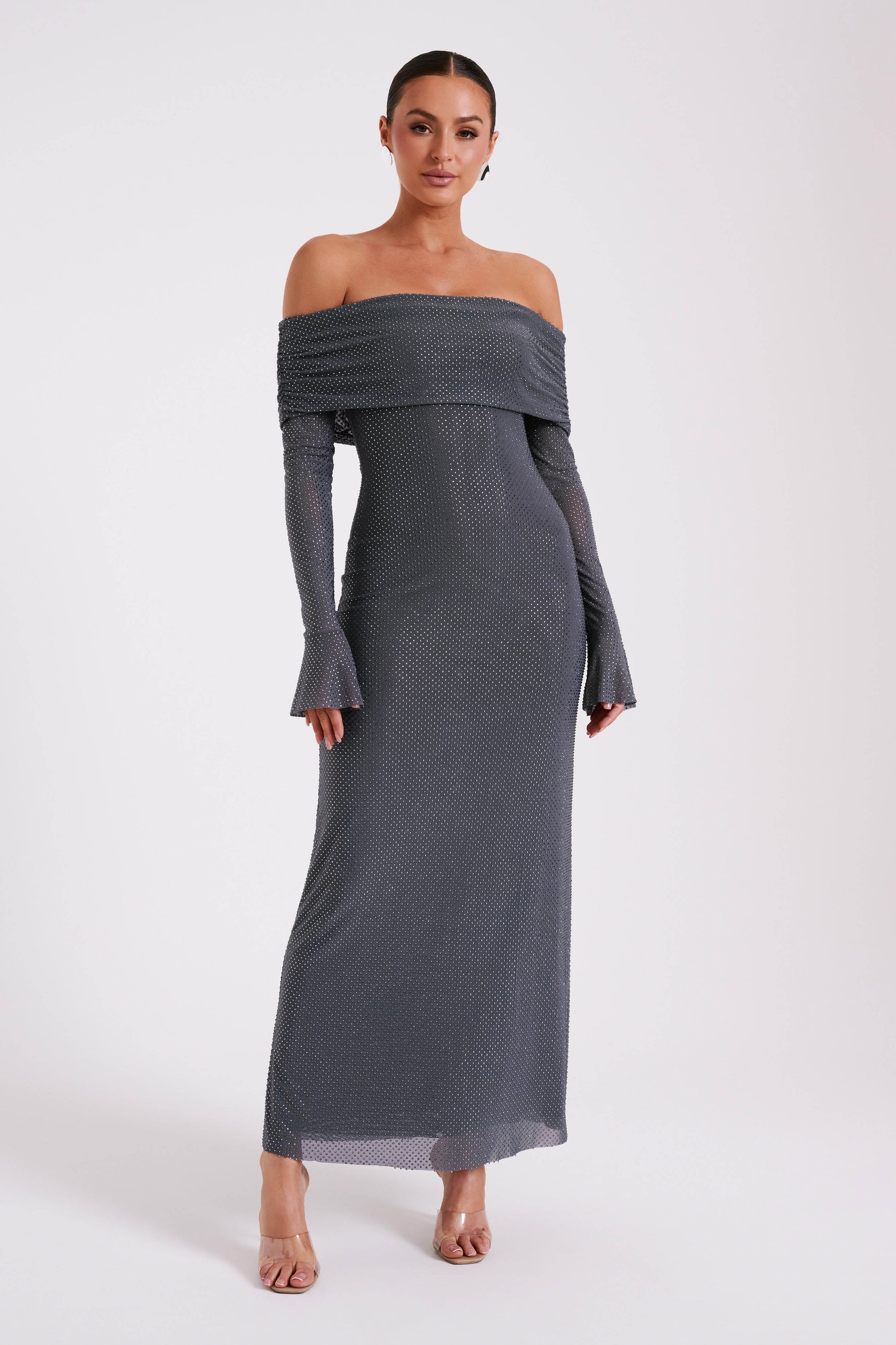 Marcel Off Shoulder Diamante Maxi Dress - Gunmetal #5