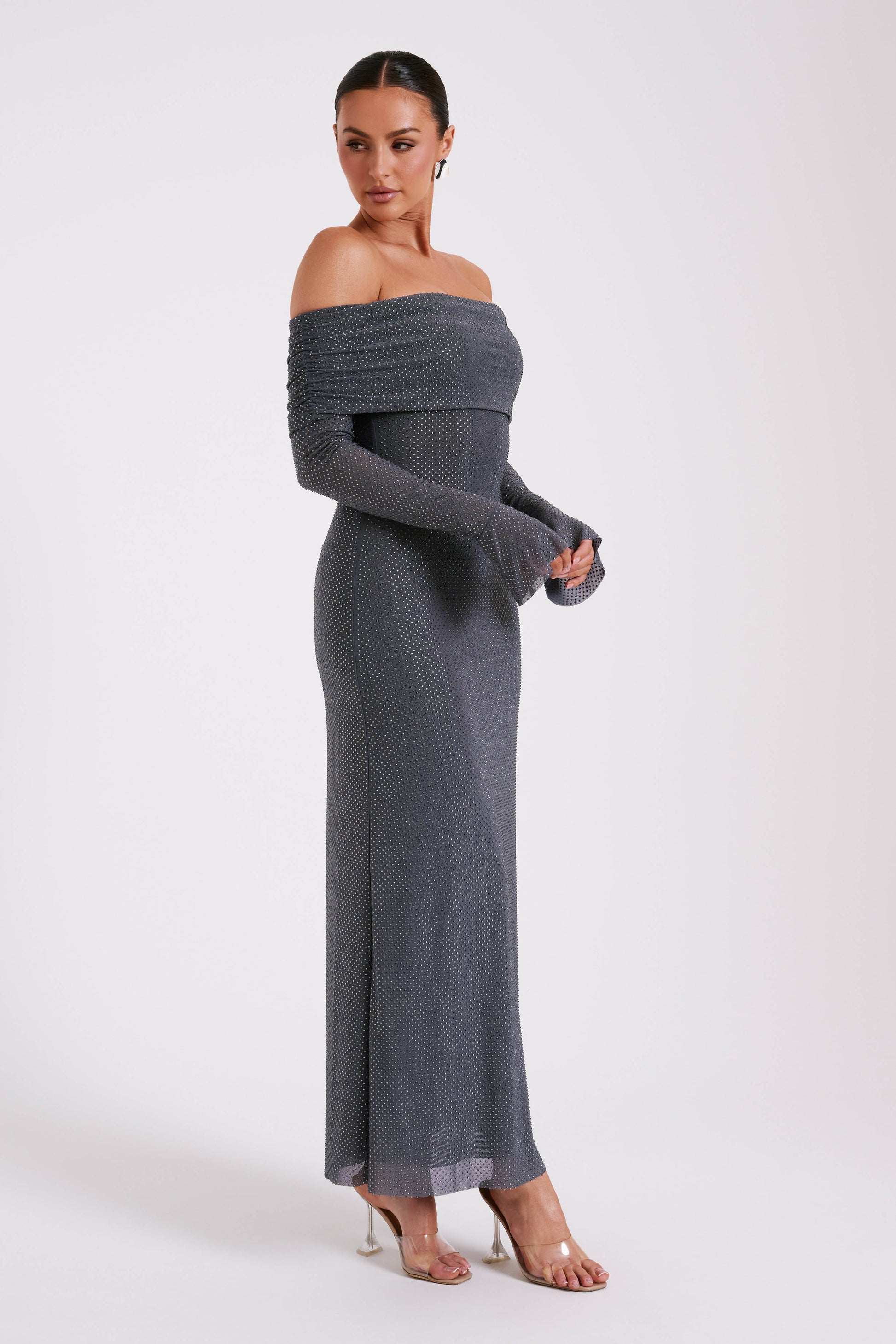 Marcel Off Shoulder Diamante Maxi Dress - Gunmetal #8