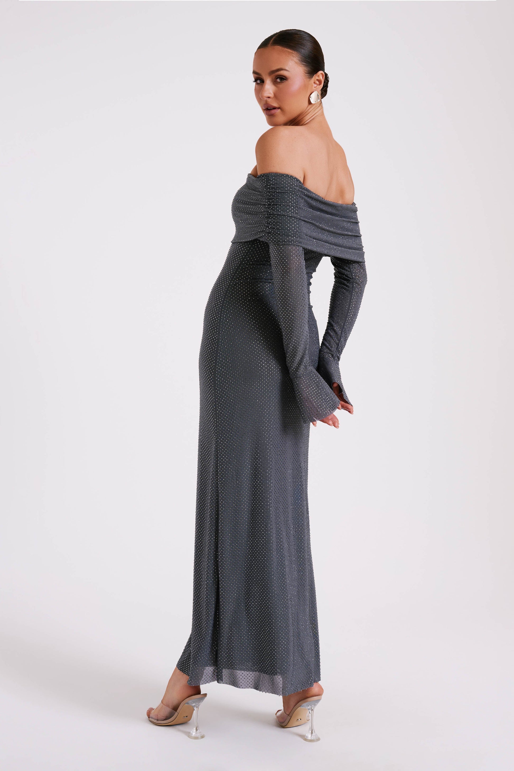 Marcel Off Shoulder Diamante Maxi Dress - Gunmetal #6