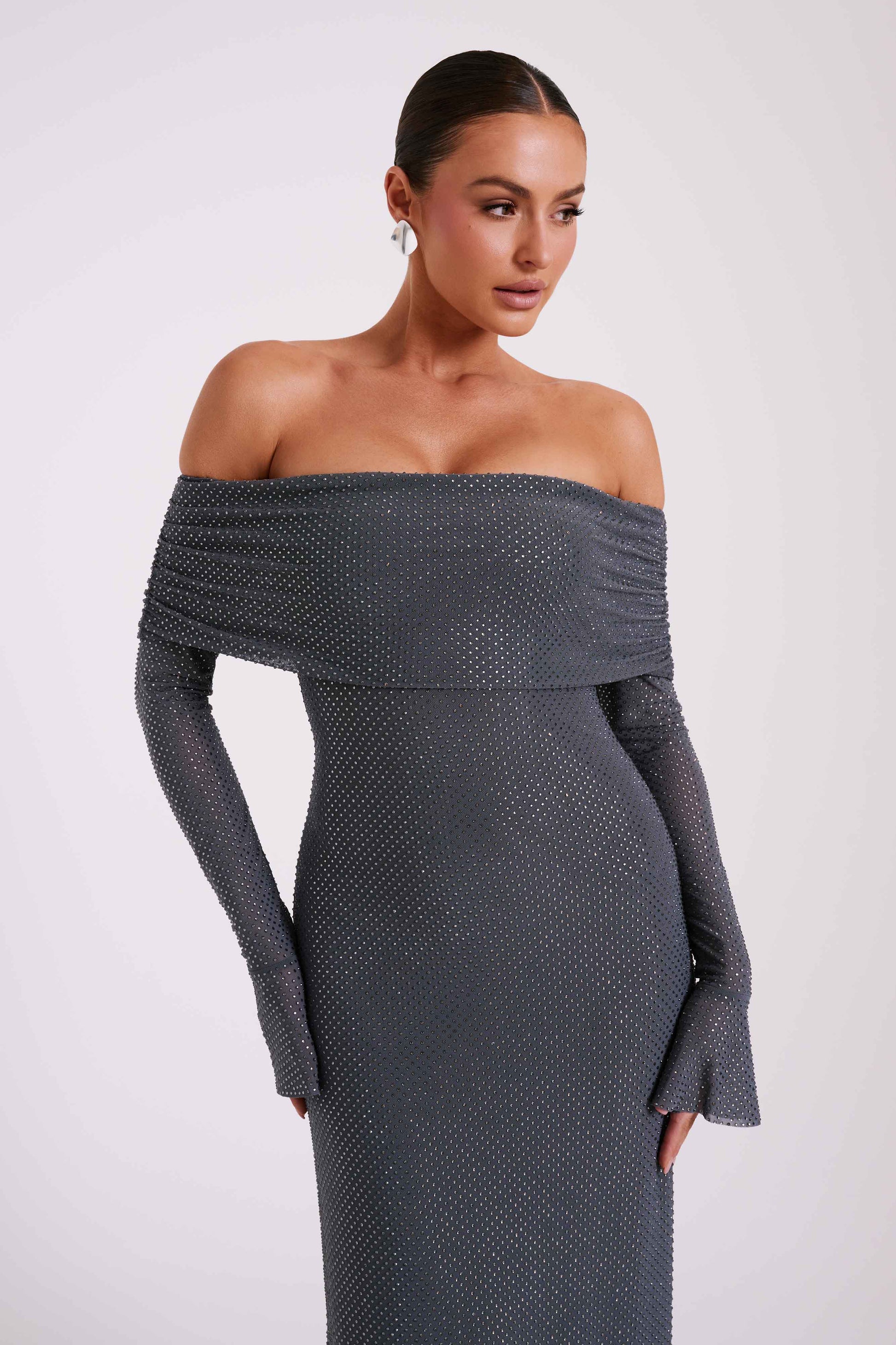 Marcel Off Shoulder Diamante Maxi Dress - Gunmetal #9