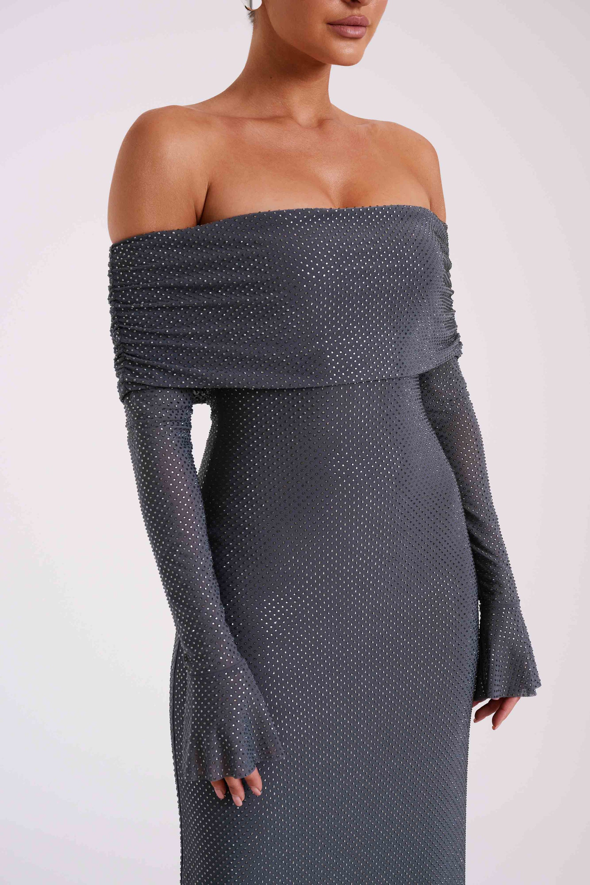 Marcel Off Shoulder Diamante Maxi Dress - Gunmetal #10