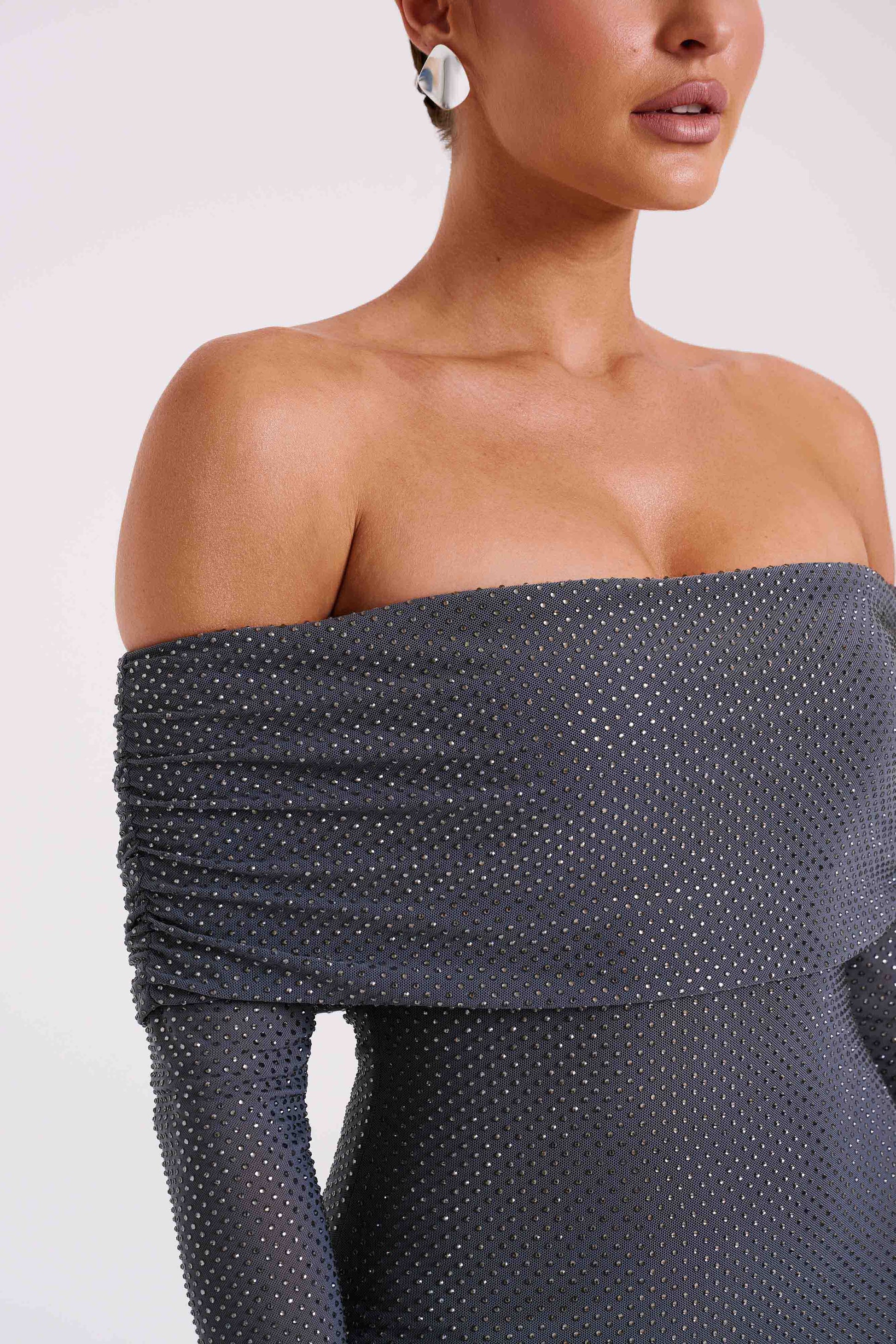 Marcel Off Shoulder Diamante Maxi Dress - Gunmetal #11