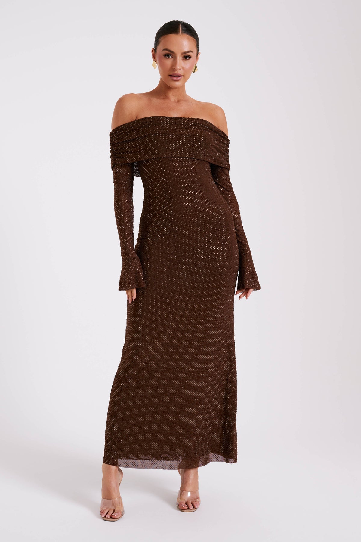 Marcel Off Shoulder Diamante Maxi Dress - Chocolate #6