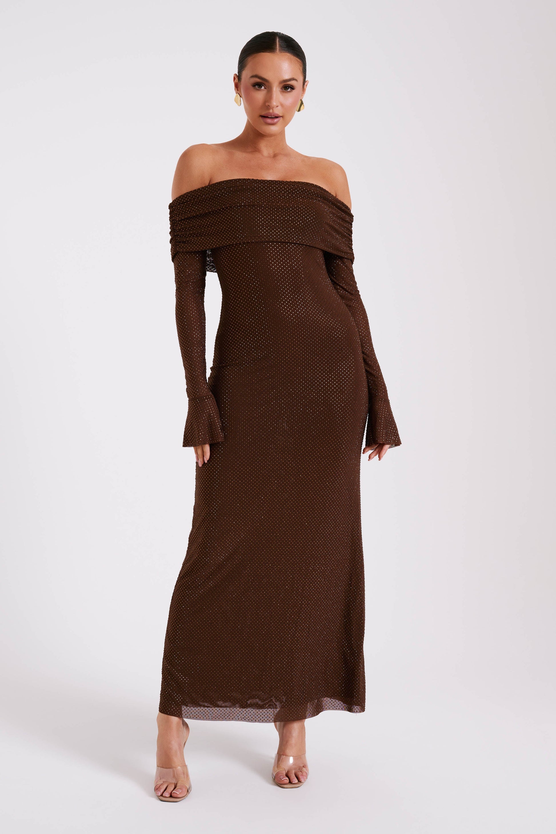 Marcel Off Shoulder Diamante Maxi Dress - Chocolate #6