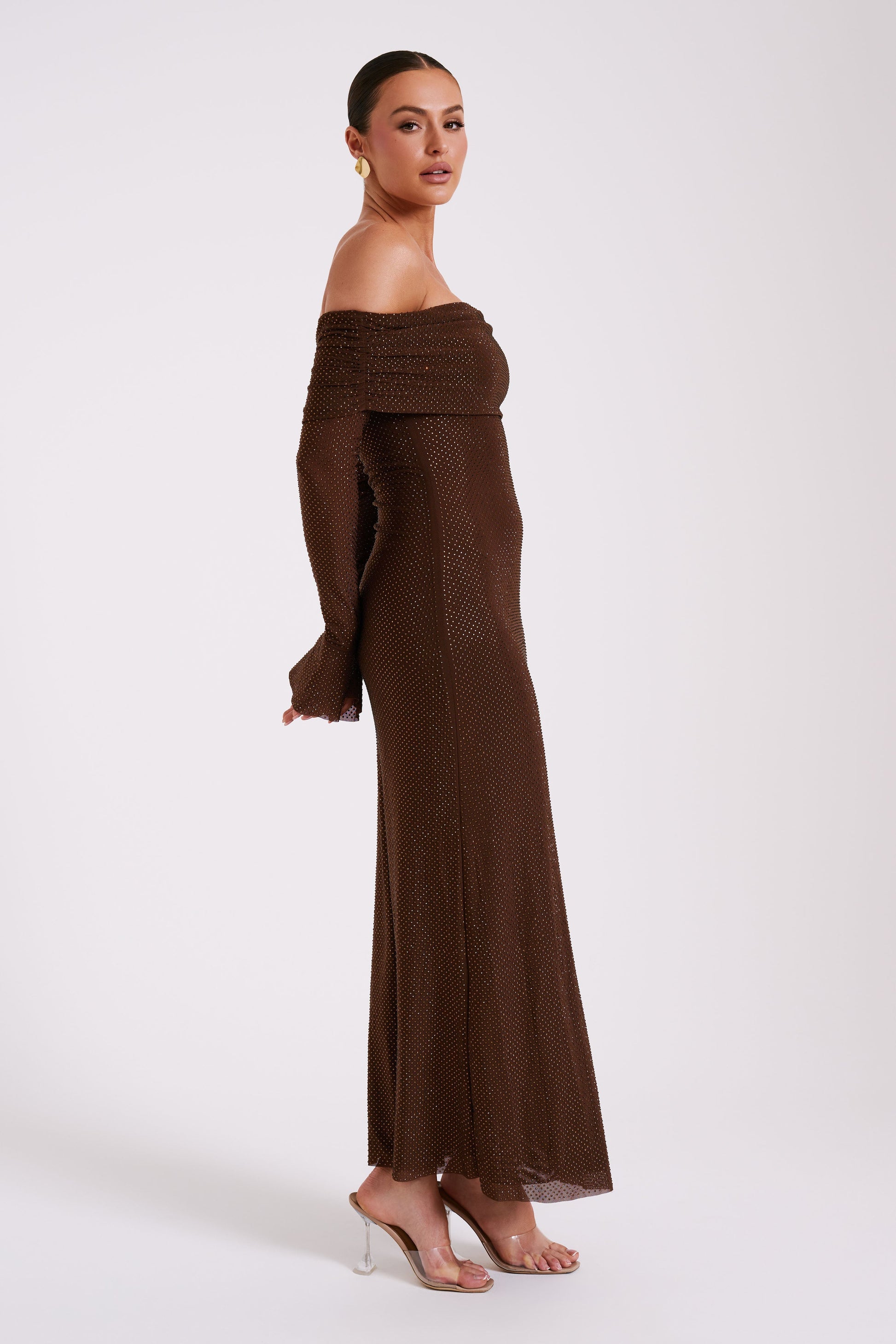 Marcel Off Shoulder Diamante Maxi Dress - Chocolate #9