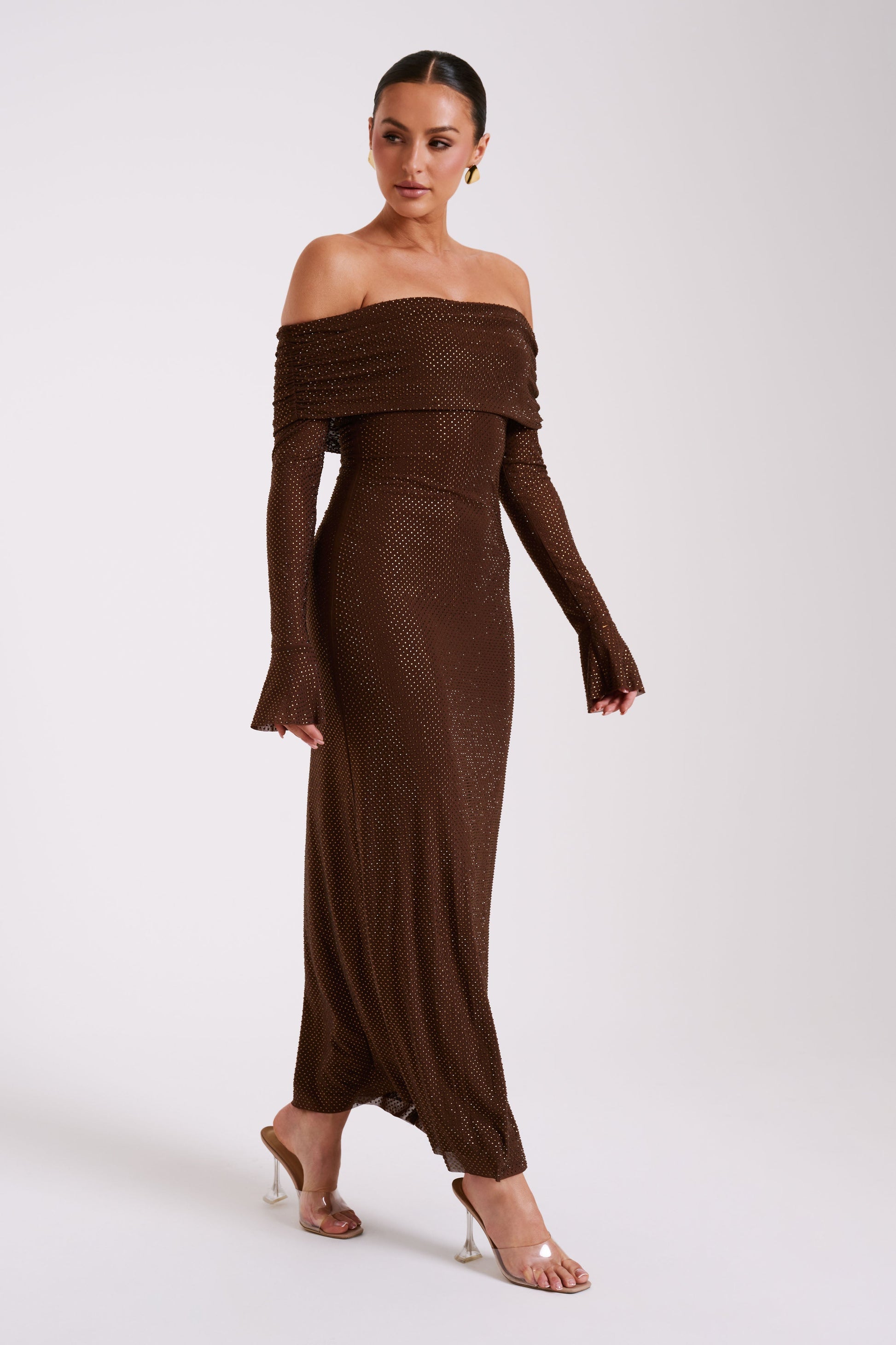 Marcel Off Shoulder Diamante Maxi Dress - Chocolate #8