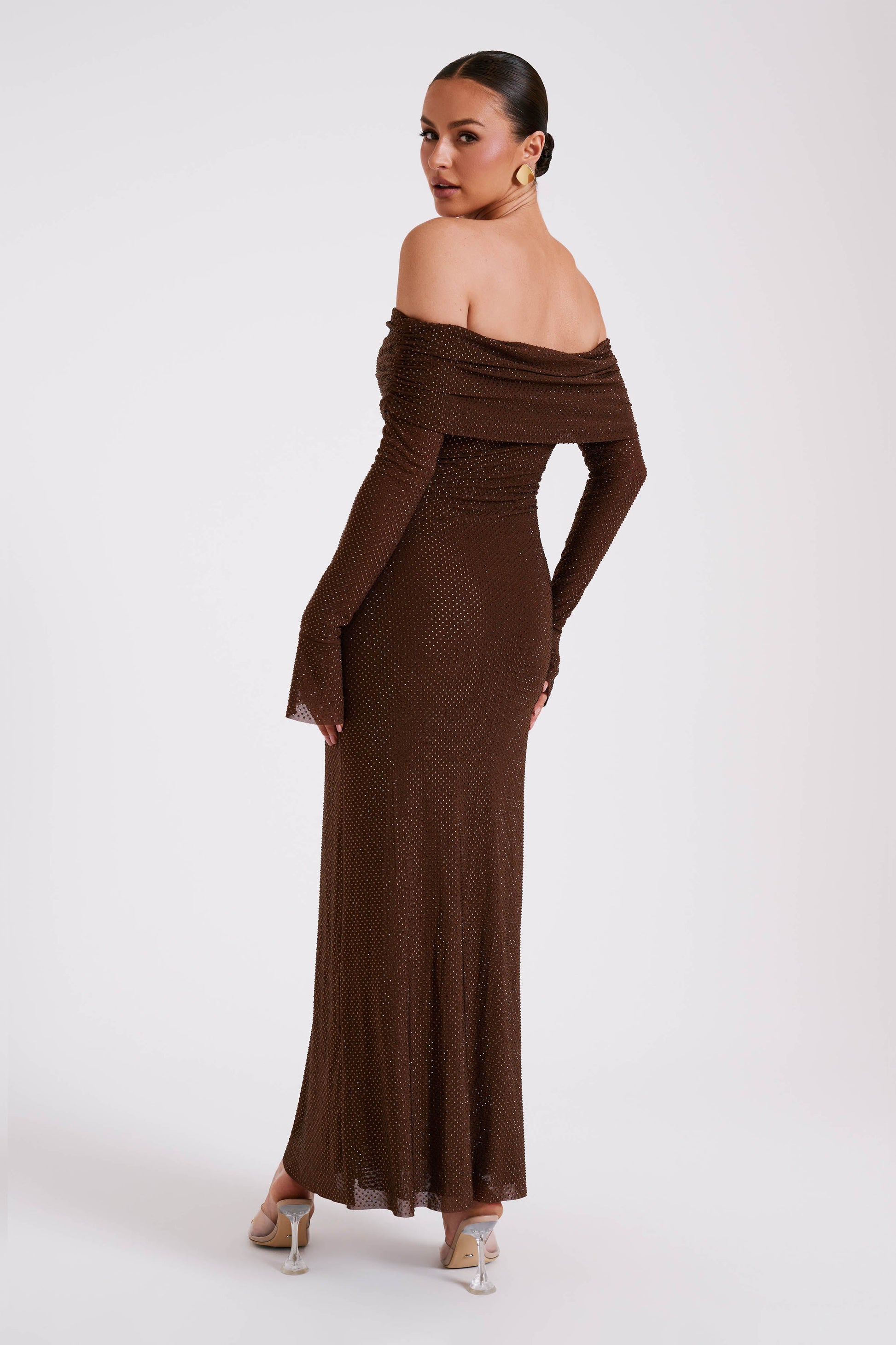 Marcel Off Shoulder Diamante Maxi Dress - Chocolate #7