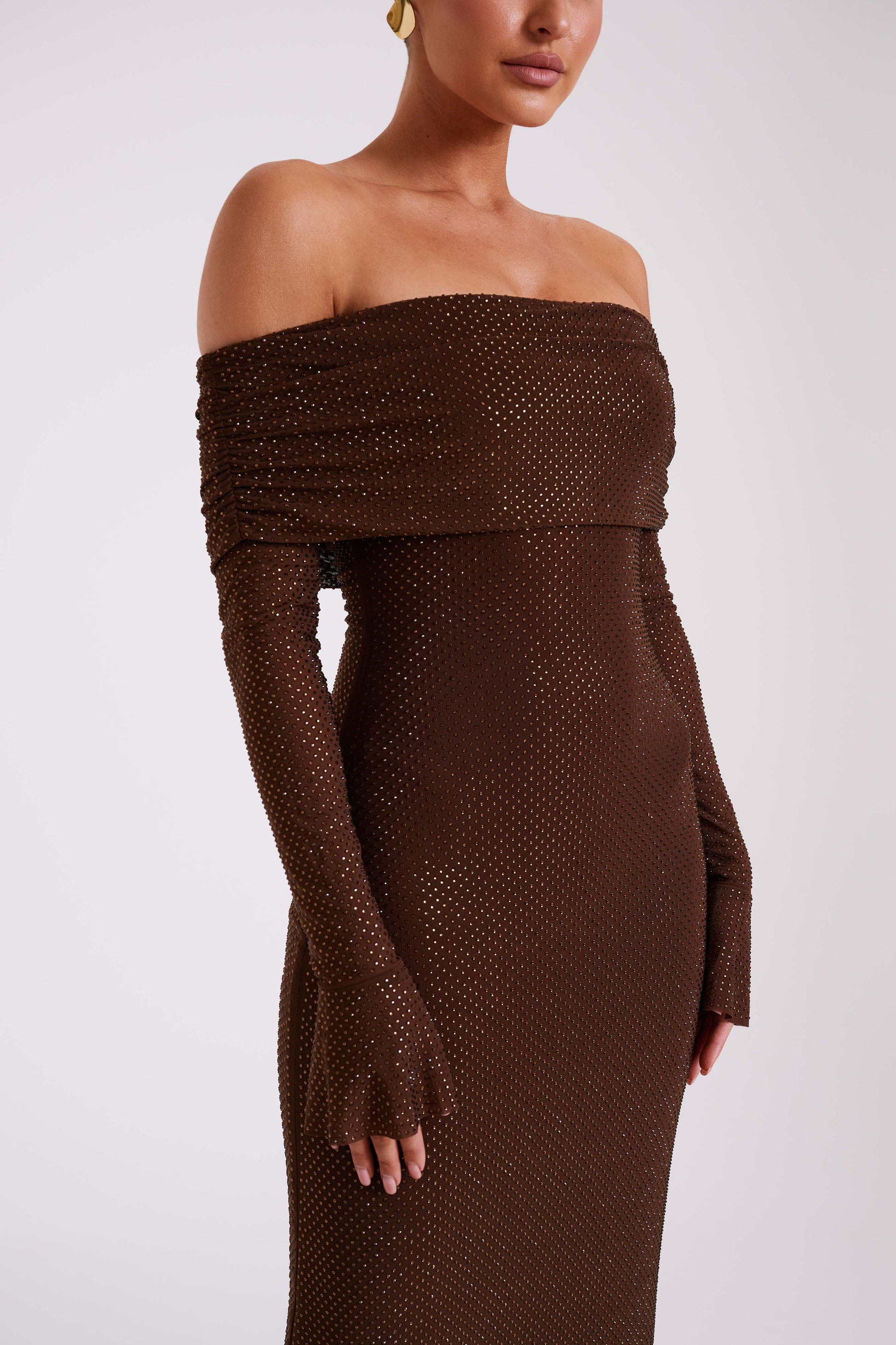 Marcel Off Shoulder Diamante Maxi Dress - Chocolate #11