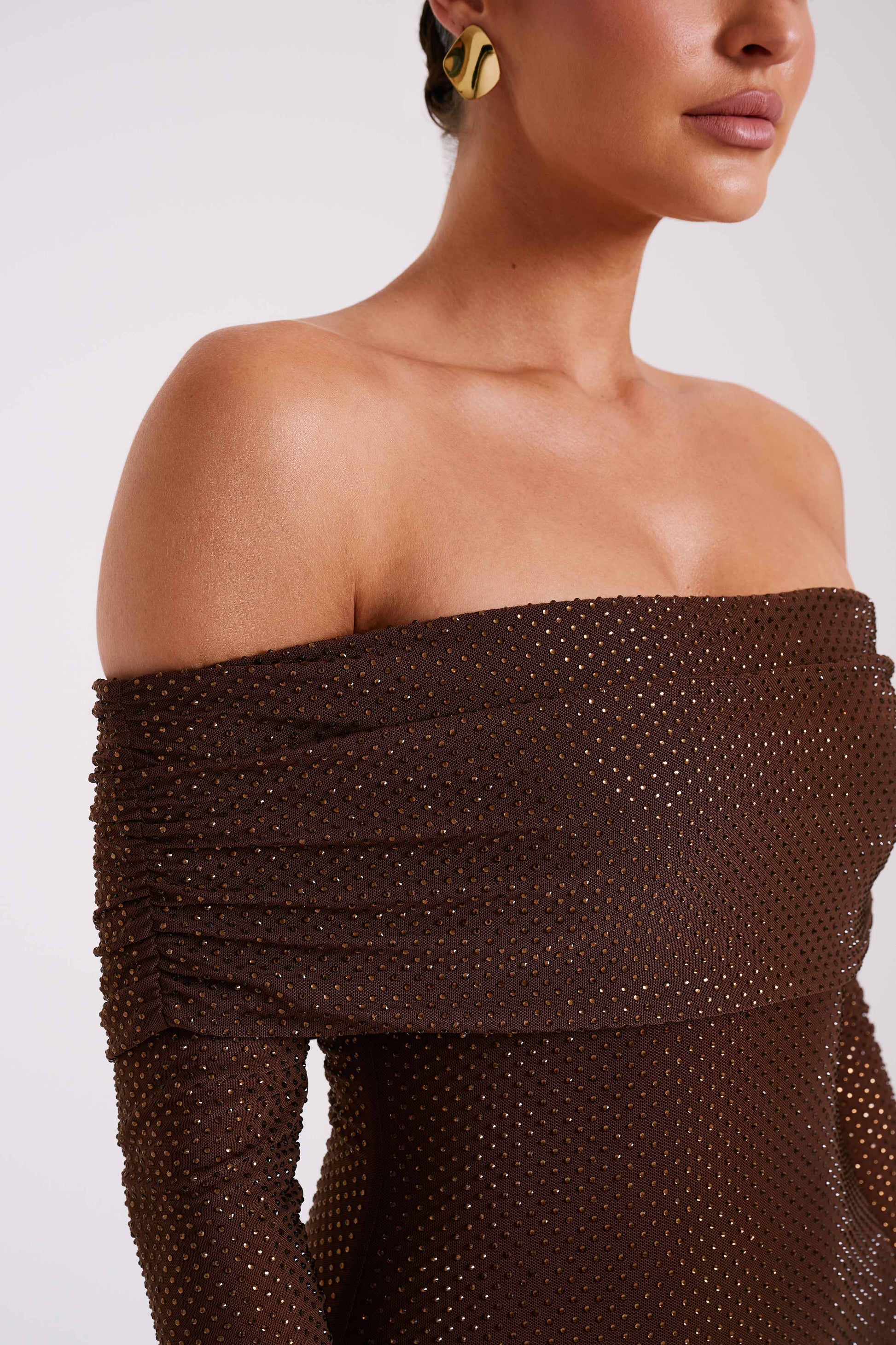 Marcel Off Shoulder Diamante Maxi Dress - Chocolate #12