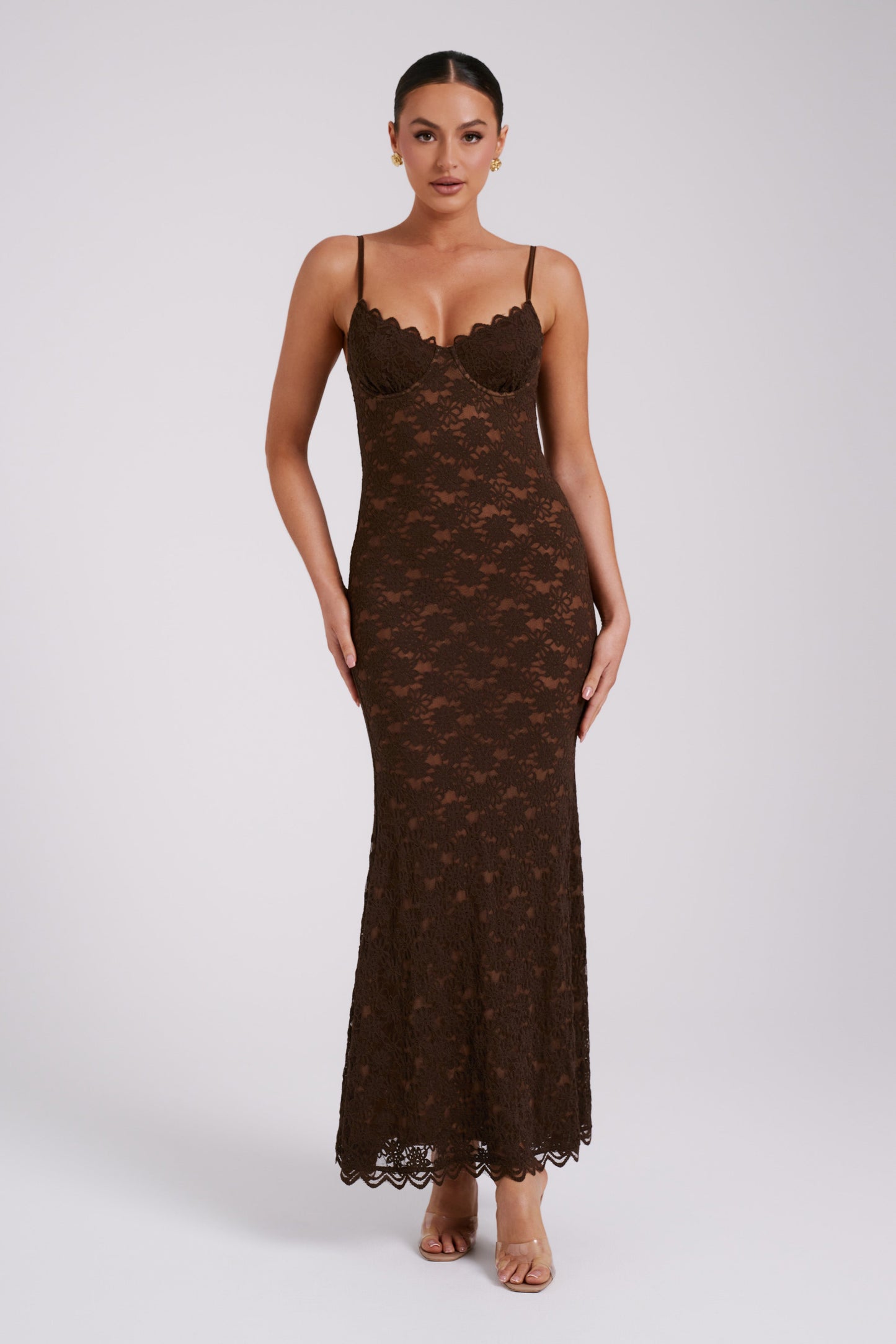 Joelle Lace Cupped Maxi Dress - Chocolate