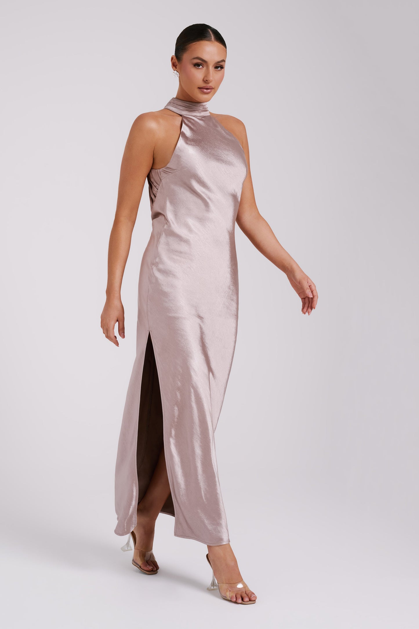 Claire Satin Drape Back Maxi Dress - Taupe