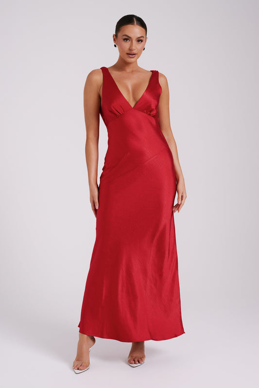 Nadia Maxi Satin Dress With Back Cowl - Red