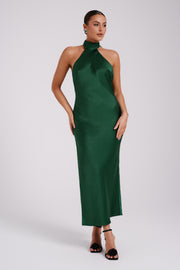 Paulette Satin Midi Dress With Bow - Emerald