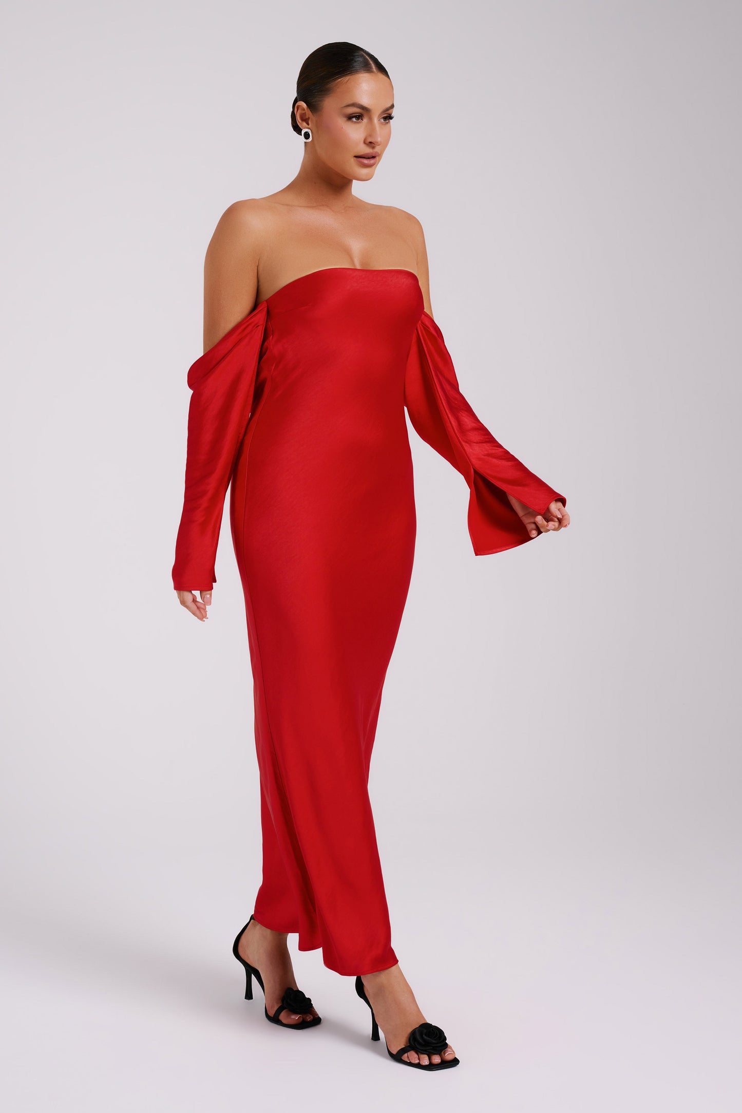 Vee Off Shoulder Satin Midi Dress - Red