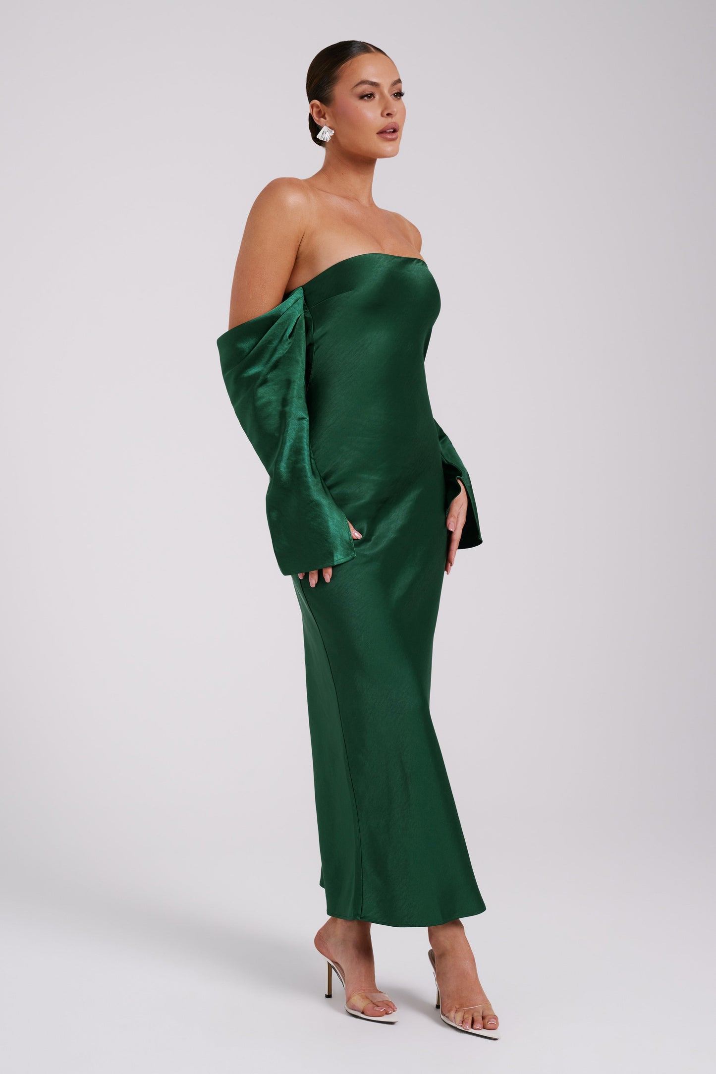 Vee Off Shoulder Satin Midi Dress - Emerald