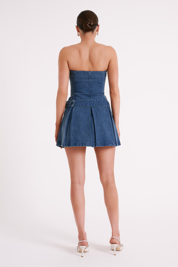 Lee Denim Pleated Mini Dress Dark Blue MESHKI UK