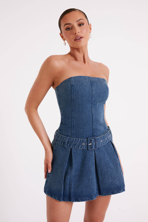 Lee Denim Pleated Mini Dress Dark Blue MESHKI UK