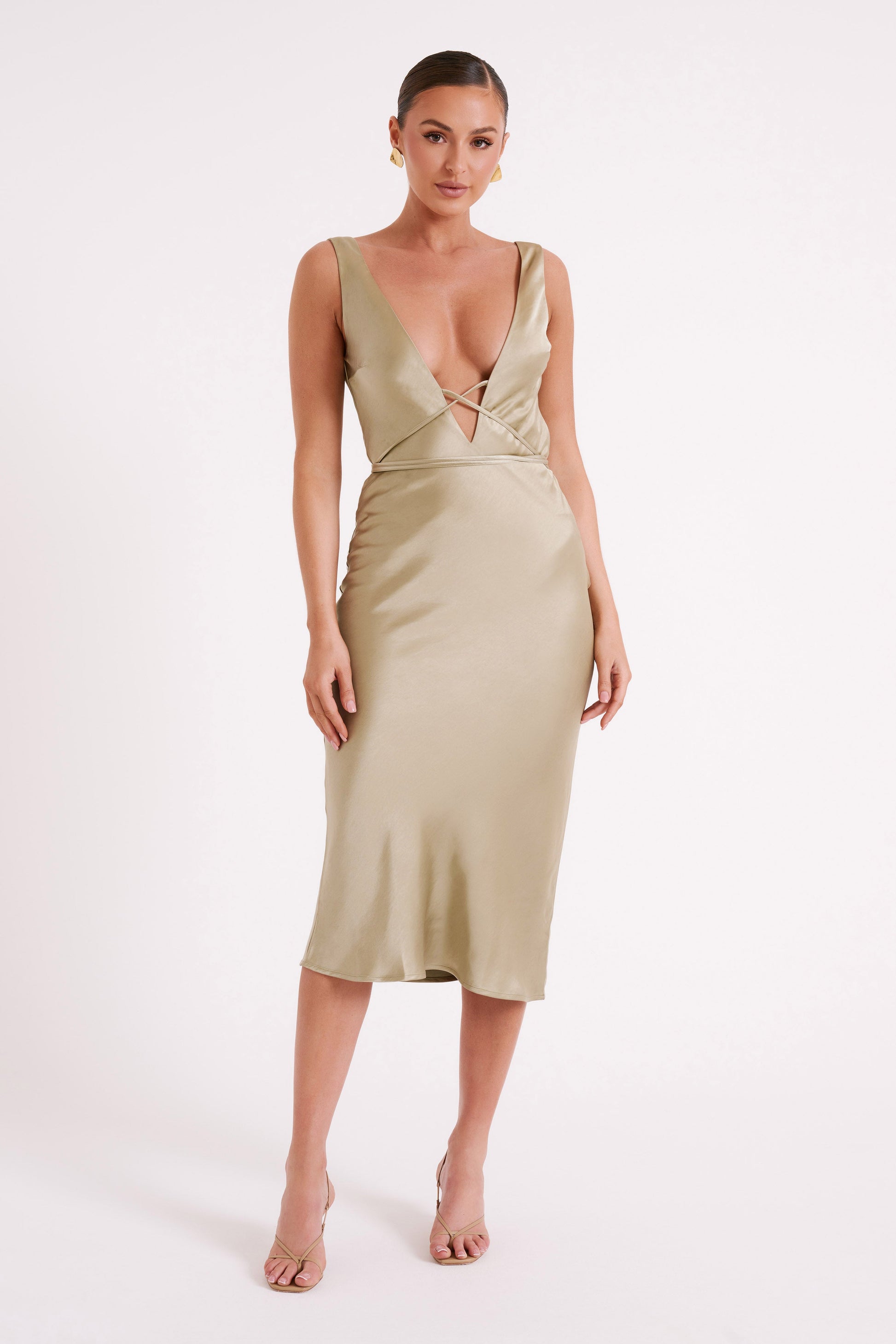 Elouise Tie Around Satin Midi Dress - Sage #4