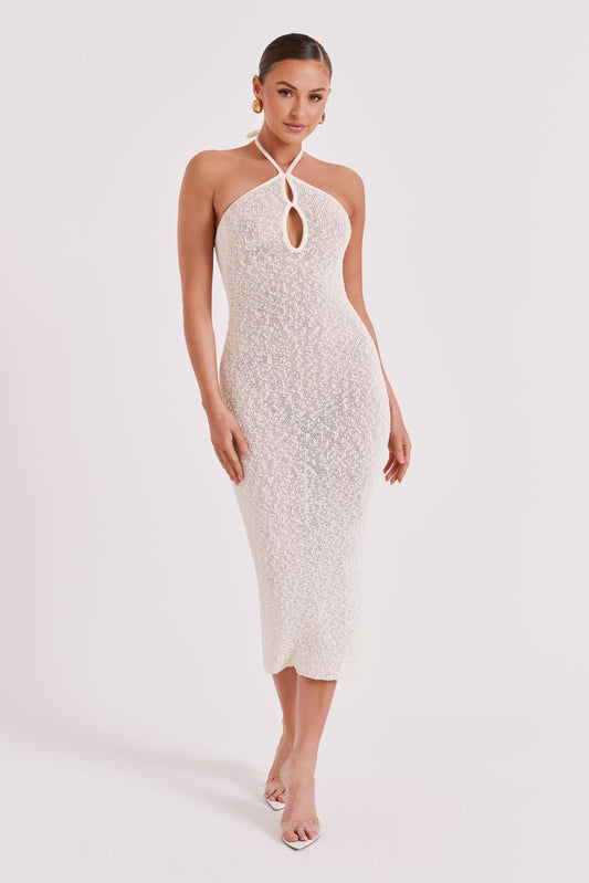 Kahali Boucle Halter Midi Dress - Cream