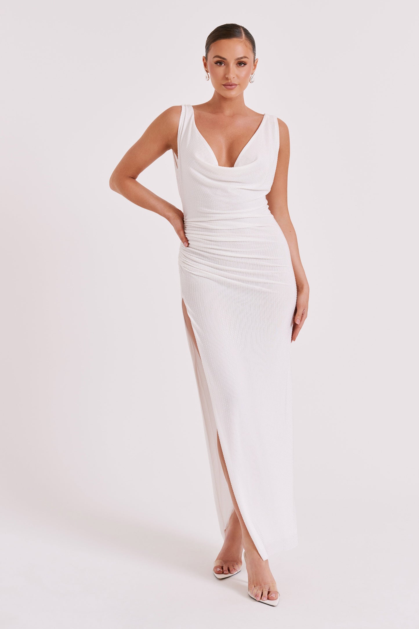 Laney Hot Fix Mesh Cowl Maxi Dress - White