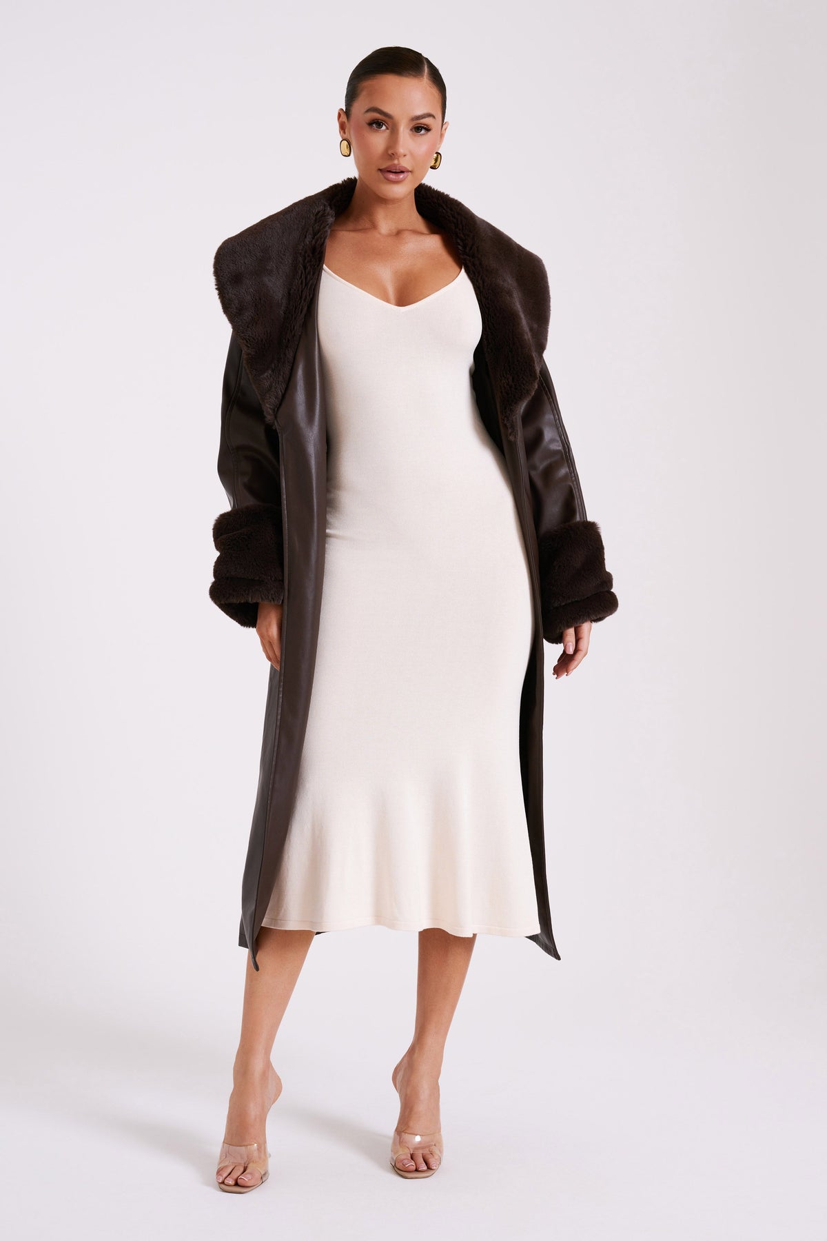 Rebekah Oversized Pu Trench Coat With Fur Trim - Dark Brown #4