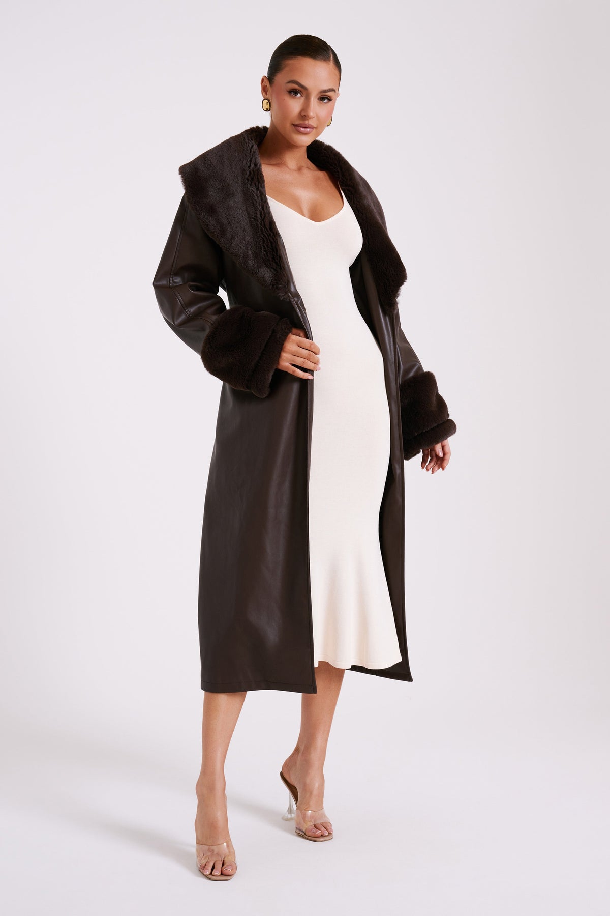 Rebekah Oversized Pu Trench Coat With Fur Trim - Dark Brown #5