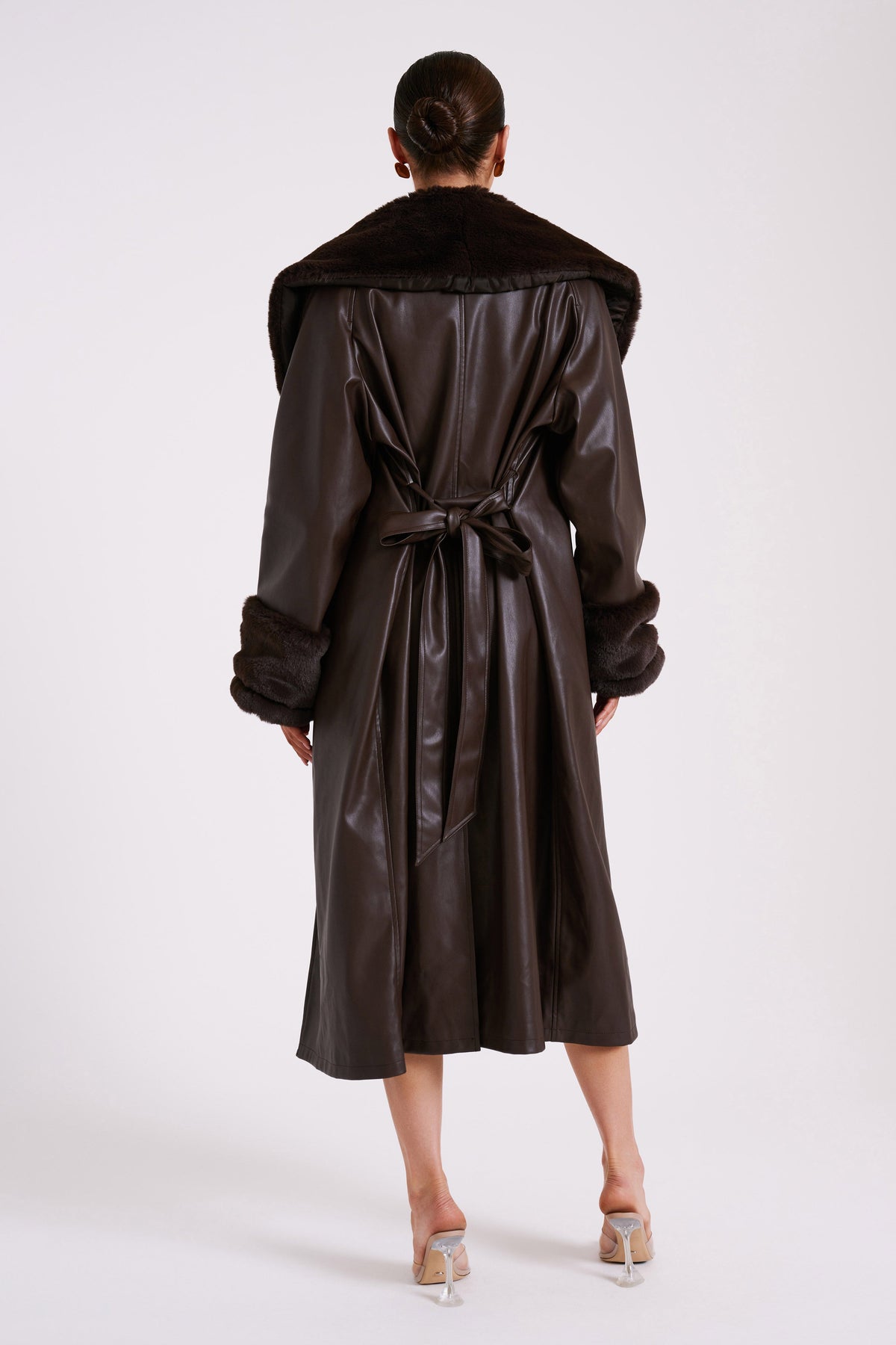 Rebekah Oversized Pu Trench Coat With Fur Trim - Dark Brown #7