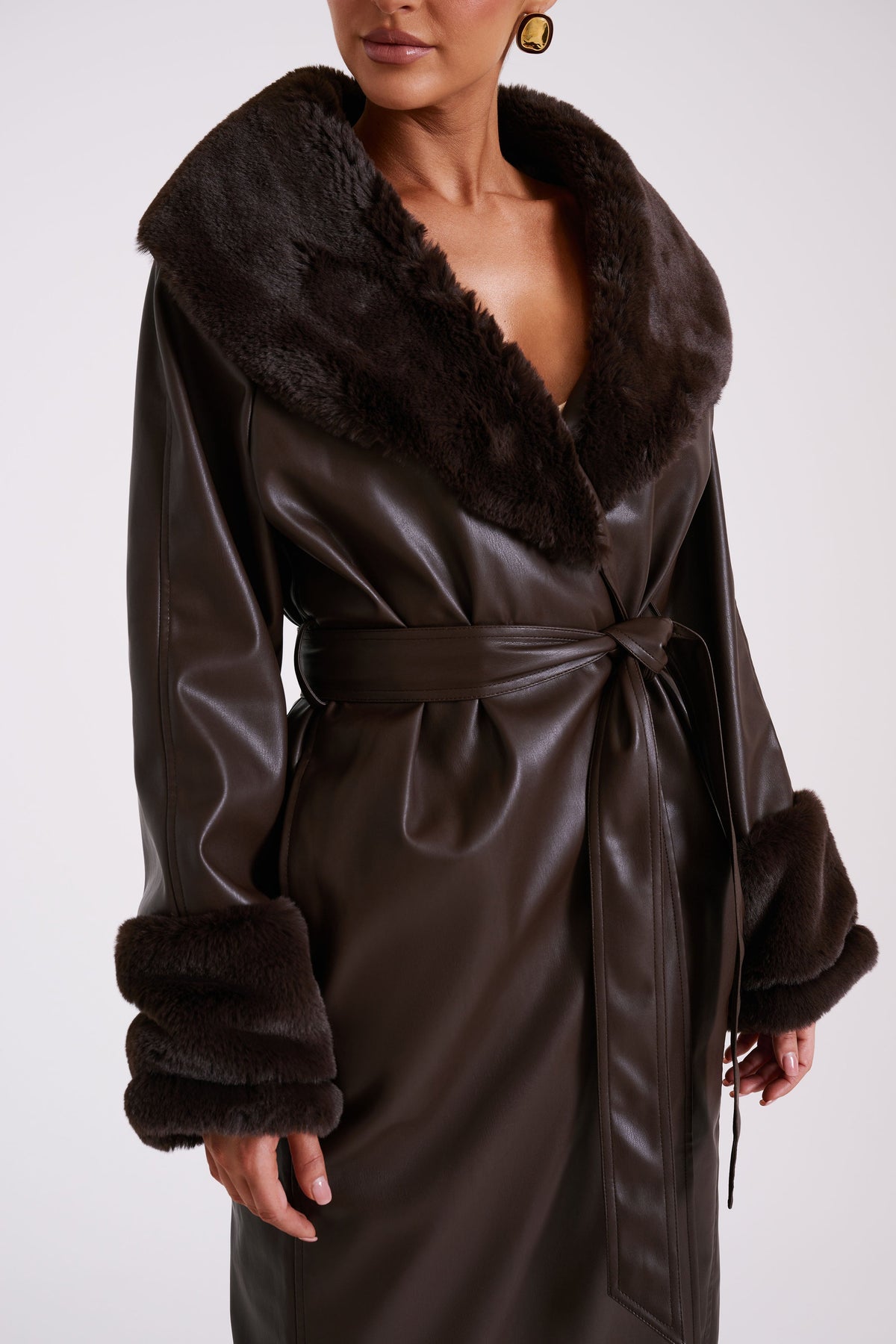 Rebekah Oversized Pu Trench Coat With Fur Trim - Dark Brown #10