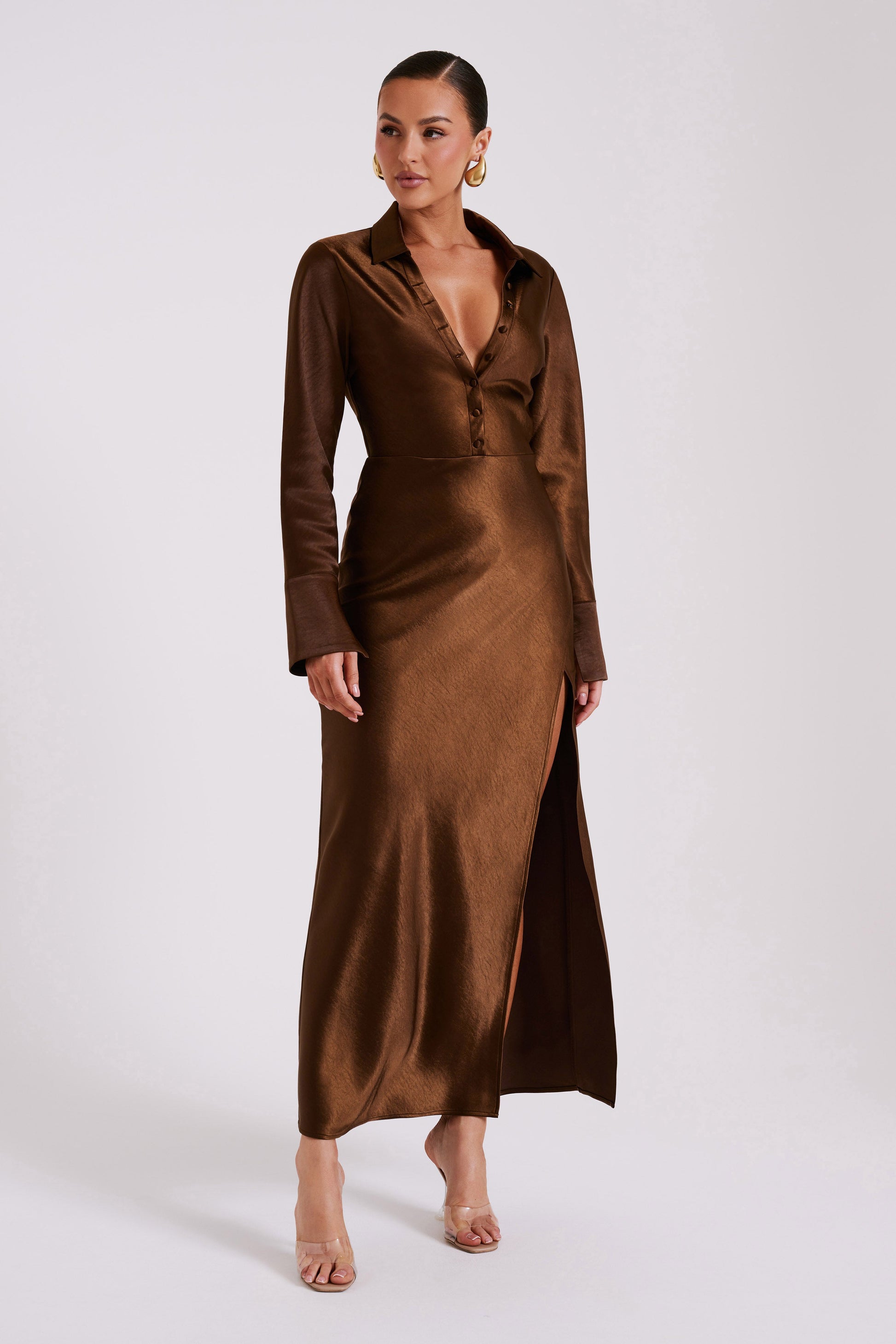 Whitley Satin Collared Maxi Dress - Dark Brown #4