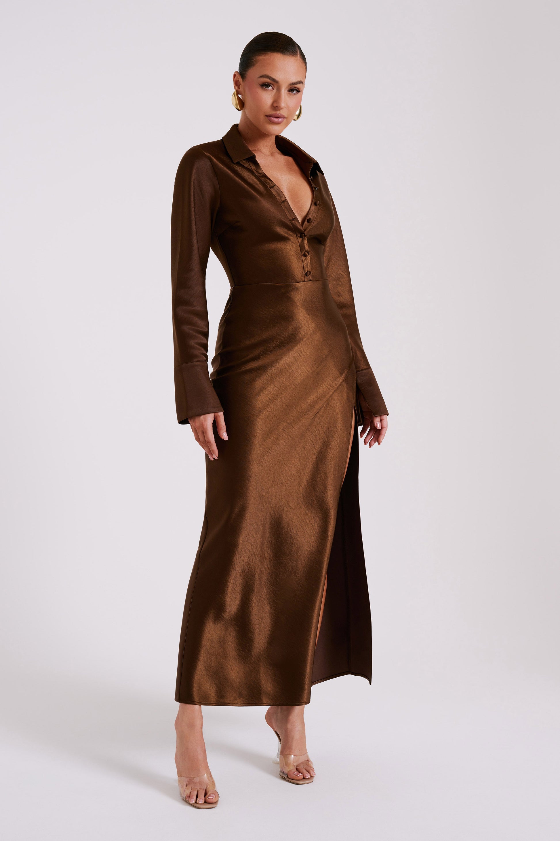 Whitley Satin Collared Maxi Dress - Dark Brown #5