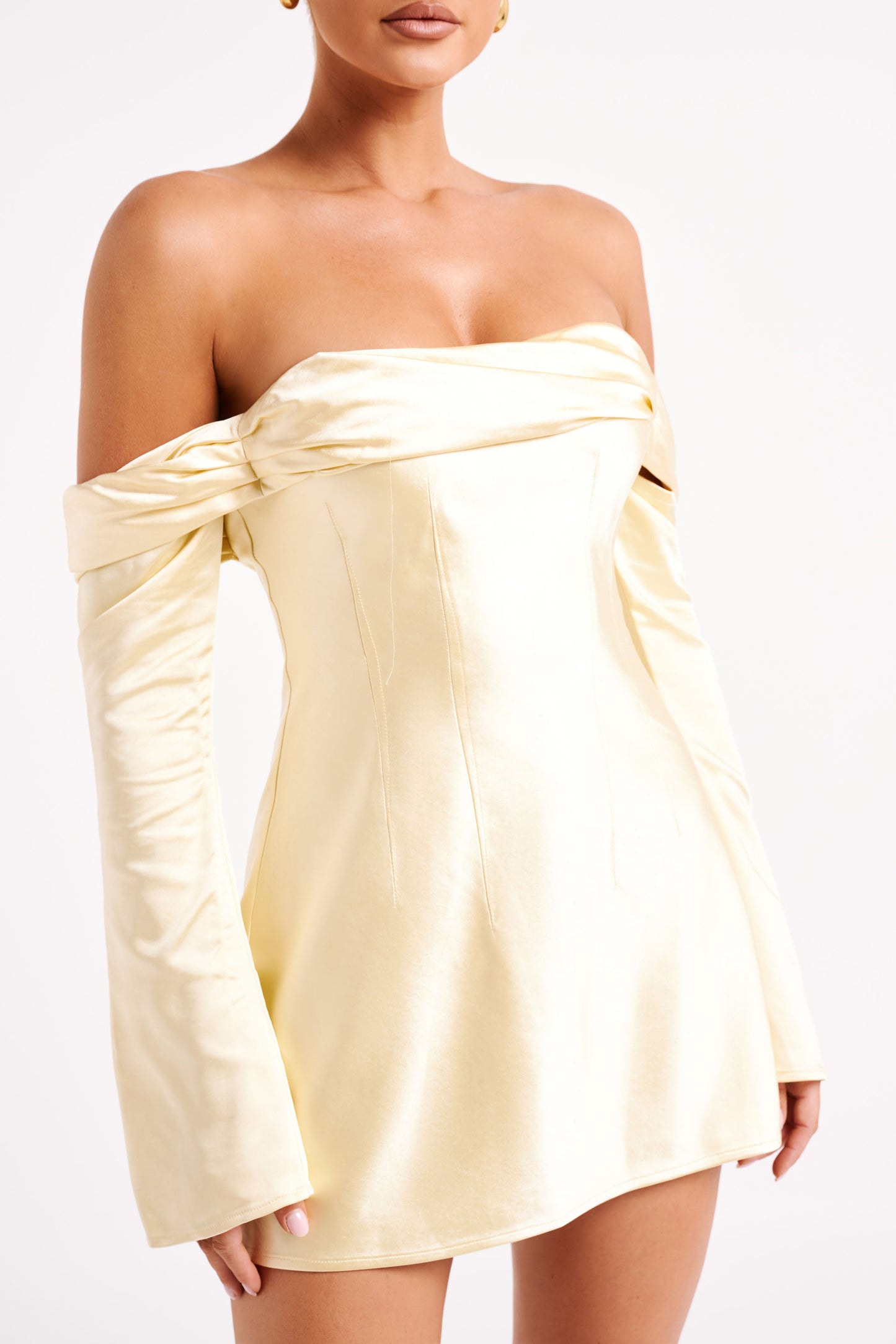 Giselle Off Shoulder Satin Mini Dress - Butter