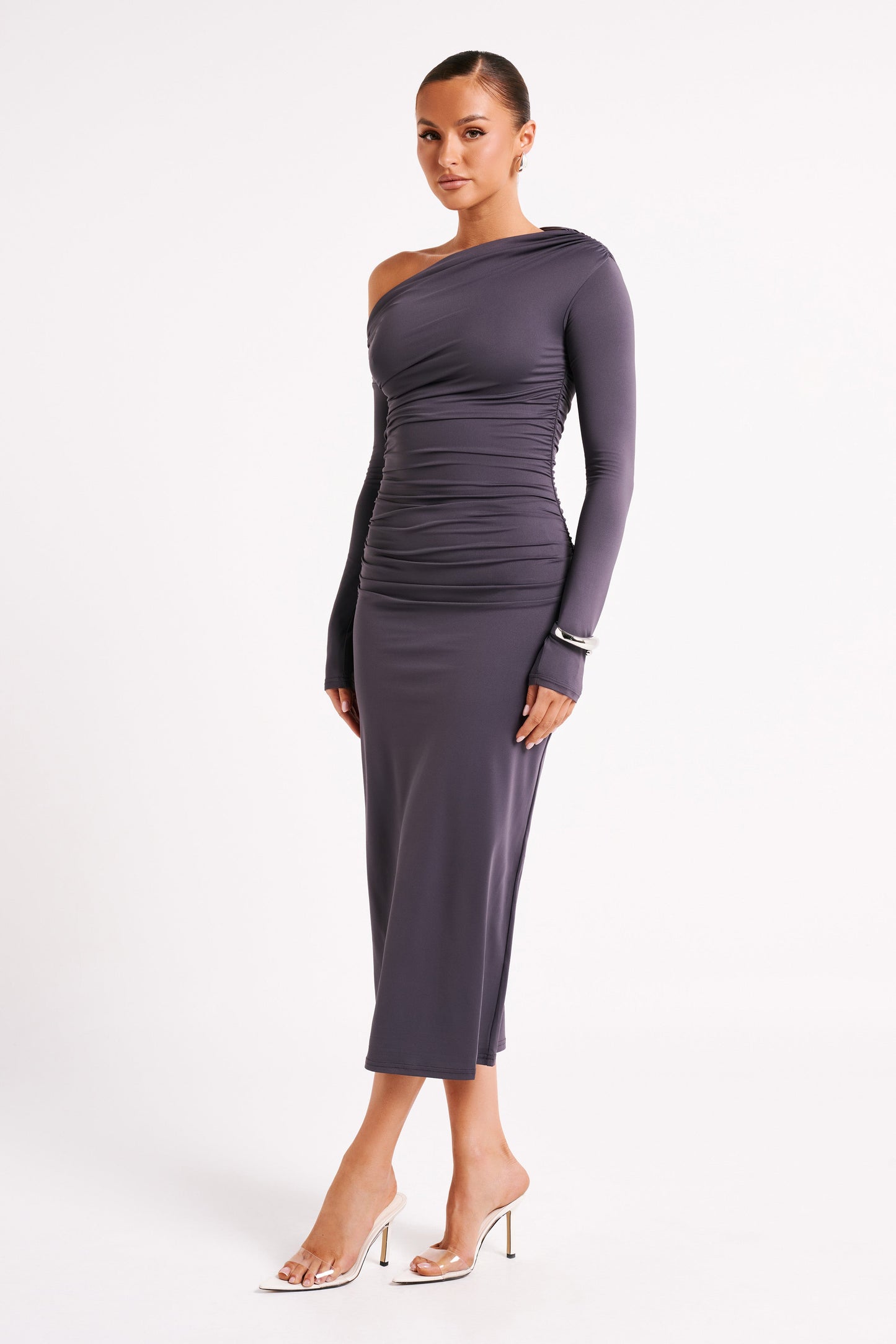 Christabel Recycled Nylon Ruched Midi Dress - Charcoal