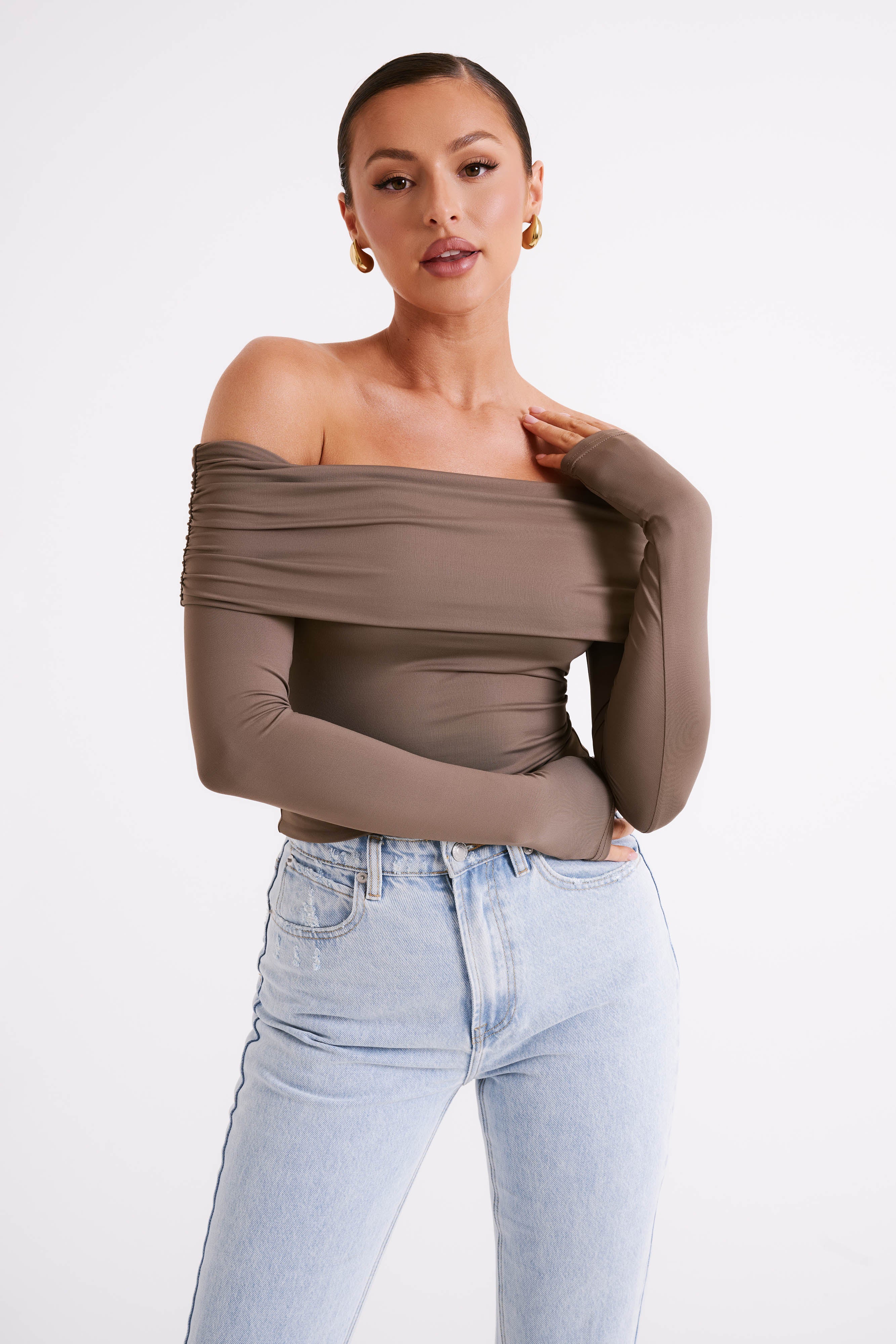 Lucinda Recycled Nylon Off Shoulder Top - Coco | MESHKI UK