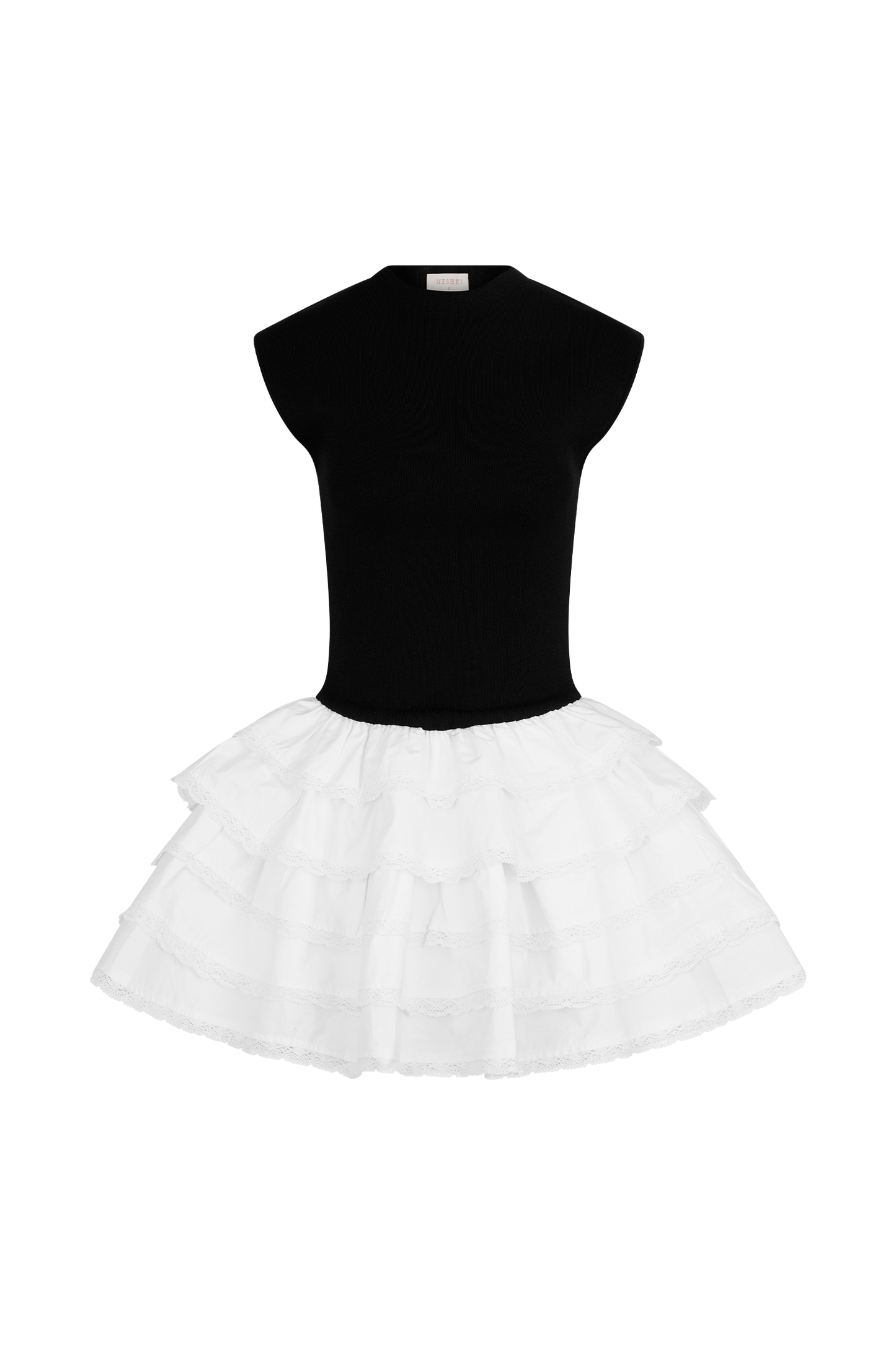 Maeve Contrast Ruffle Knit Mini Dress - Black/White